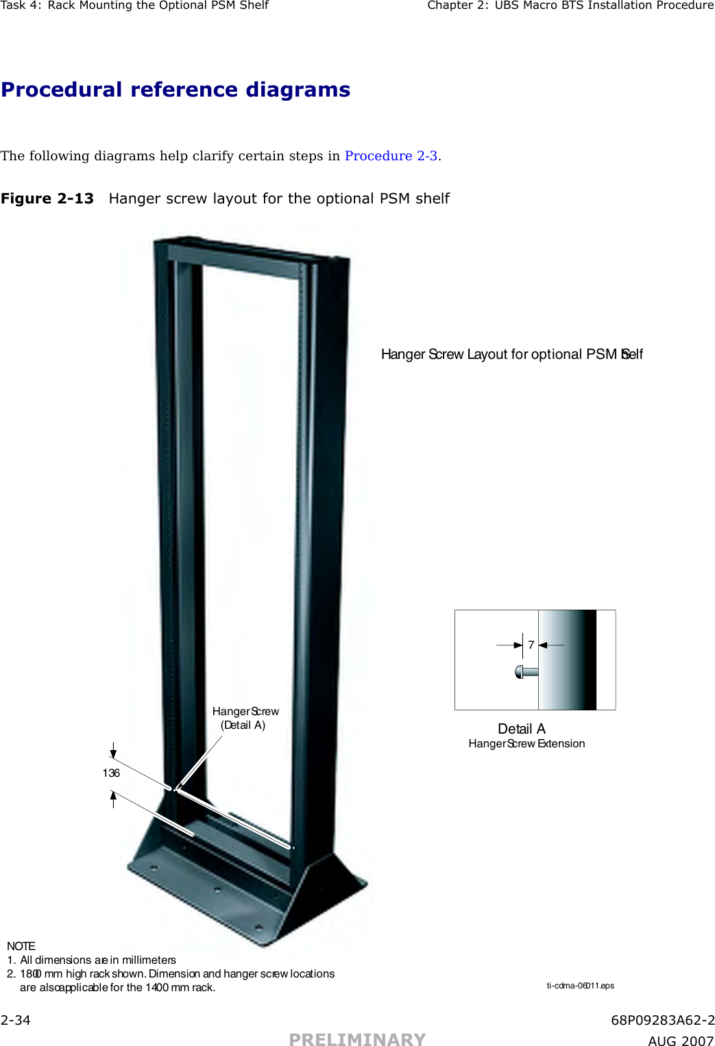 T ask 4: R ack Mounting the Optional PSM Shelf Chapter 2: UBS Macro B T S Installation ProcedureProcedural reference diagramsThe following diagrams help clarify certain steps in Procedure 2 -3 .Figure 2 -13 Hanger screw la y out for the optional PSM shelf136     Hanger Screw Layout for optional PSM ShelfHanger Screw   (Detail A)NOTE1.  All dimensions are in millimeters2. 1800 mm high rack shown. Dimension and hanger screw locations      are also applicable for the 1400 mm rack. ti-cdma-06011.eps            Detail A  Hanger Screw Extension72 -34 68P09283A62 -2PRELIMINARY A UG 2007