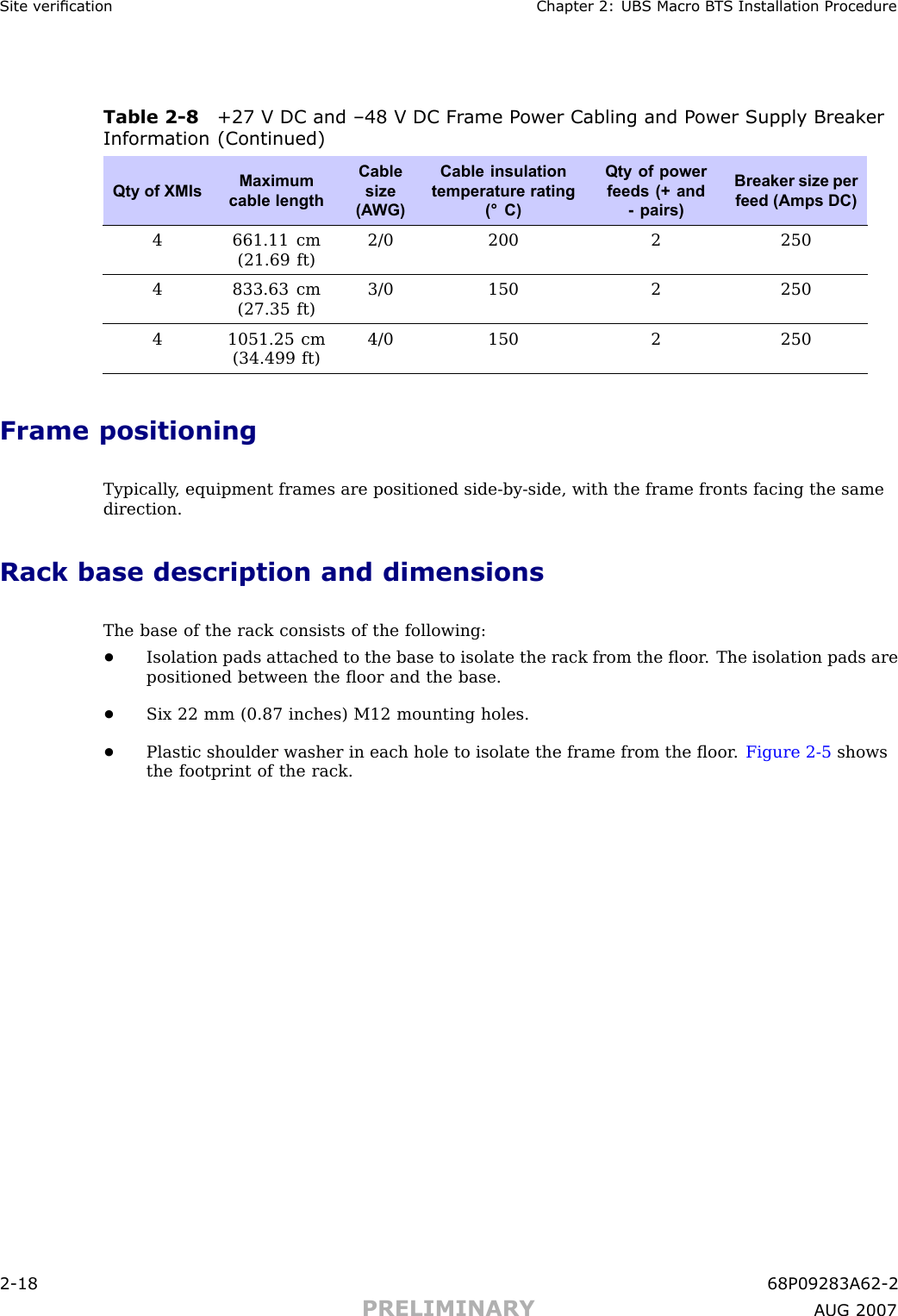Site v erication Chapter 2: UBS Macro B T S Installation ProcedureTable 2 -8 +27 V DC and –48 V DC Fr ame P ower Cabling and P ower Supply Break erInformation (Continued)Qty of XMIsMaximumcable lengthCablesize(A WG)Cable insulationtemperature rating(° C)Qty of powerfeeds (+ and- pairs)Breaker size perfeed (Amps DC)4 661.11 cm(21.69 ft)2/0 200 2 2504 833.63 cm(27.35 ft)3/0 150 2 2504 1051.25 cm(34.499 ft)4/0 150 2 250Frame positioningTypically , equipment frames are positioned side -by -side, with the frame fronts facing the samedirection.Rack base description and dimensionsThe base of the rack consists of the following:•Isolation pads attached to the base to isolate the rack from the ﬂoor . The isolation pads arepositioned between the ﬂoor and the base.•Six 22 mm (0.87 inches) M12 mounting holes.•Plastic shoulder washer in each hole to isolate the frame from the ﬂoor . Figure 2 -5 showsthe footprint of the rack.2 -18 68P09283A62 -2PRELIMINARY A UG 2007