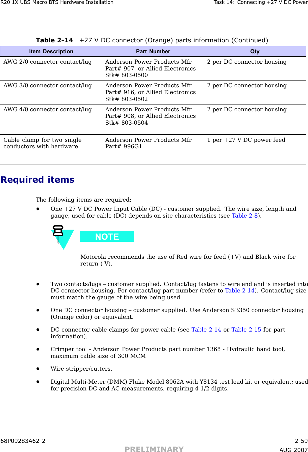 R20 1X UBS Macro B T S Hardw are Installation T ask 14: Connecting +27 V DC P owerTable 2 -14 +27 V DC connector (Or ange) parts information (Continued)Item Description Part NumberQtyA WG 2/0 connector contact/lug Anderson P ower Products MfrP art# 907, or Allied ElectronicsStk# 803-05002 per DC connector housingA WG 3/0 connector contact/lug Anderson P ower Products MfrP art# 916, or Allied ElectronicsStk# 803-05022 per DC connector housingA WG 4/0 connector contact/lug Anderson P ower Products MfrP art# 908, or Allied ElectronicsStk# 803-05042 per DC connector housingCable clamp for two singleconductors with hardwareAnderson P ower Products MfrP art# 996G11 per +27 V DC power feedRequired itemsThe following items are required:•One +27 V DC P ower Input Cable (DC) - customer supplied. The wire size, length andgauge, used for cable (DC) depends on site characteristics (see T able 2 -8 ).Motorola recommends the use of Red wire for feed (+V) and Black wire forreturn ( -V).•T wo contacts/lugs – customer supplied. Contact/lug fastens to wire end and is inserted intoDC connector housing. F or contact/lug part number (refer to T able 2 -14 ). Contact/lug sizemust match the gauge of the wire being used.•One DC connector housing – customer supplied. Use Anderson SB350 connector housing(Orange color) or equivalent.•DC connector cable clamps for power cable (see T able 2 -14 or T able 2 -15 for partinformation).•Crimper tool - Anderson P ower Products part number 1368 - Hydraulic hand tool,maximum cable size of 300 MCM•W ire stripper/cutters.•Digital Multi -Meter (DMM) Fluke Model 8062A with Y8134 test lead kit or equivalent; usedfor precision DC and AC measurements, requiring 4 -1/2 digits.68P09283A62 -2 2 -59PRELIMINARY A UG 2007