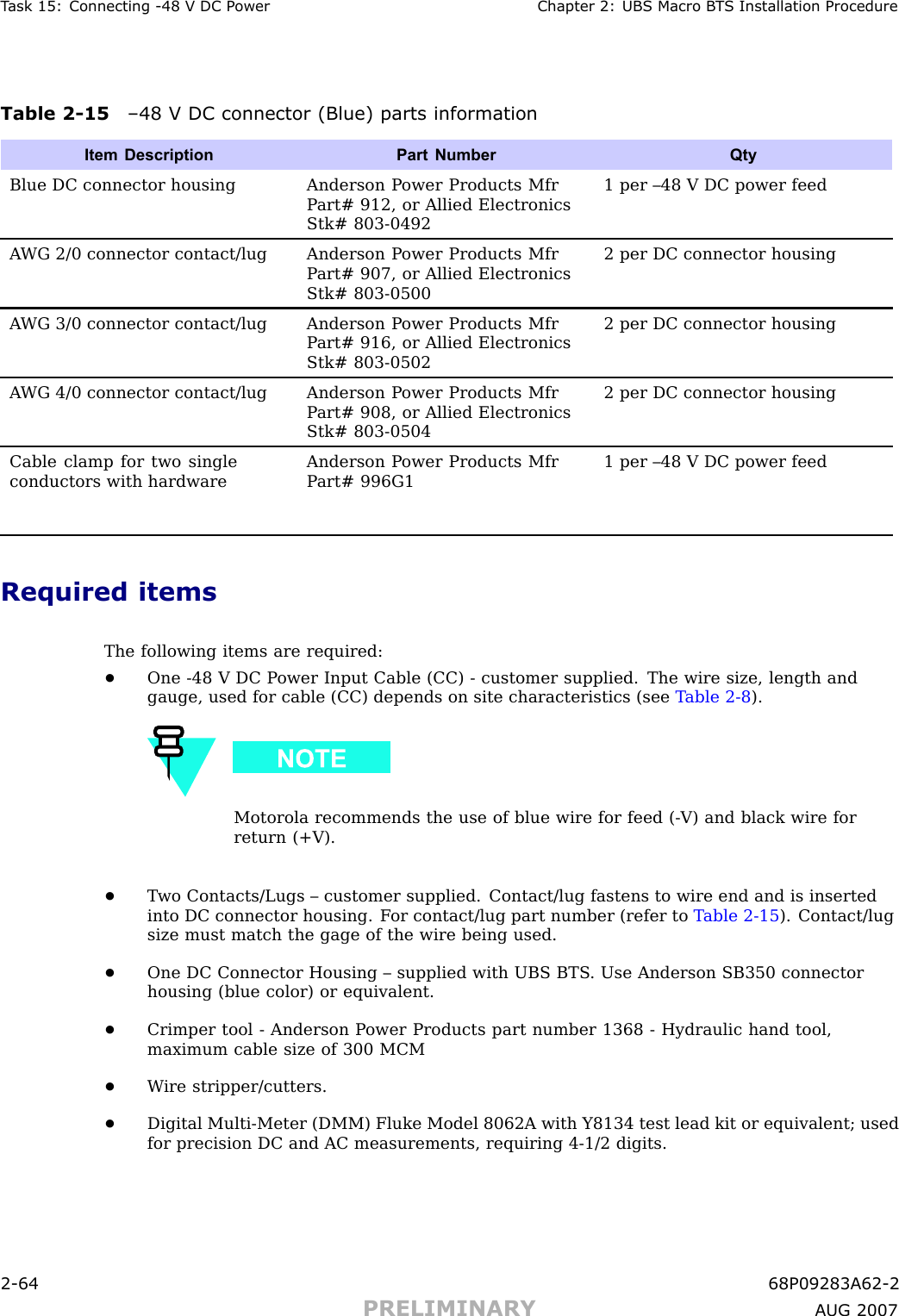 T ask 15: Connecting -48 V DC P ower Chapter 2: UBS Macro B T S Installation ProcedureTable 2 -15 –48 V DC connector (Blue) parts informationItem Description Part NumberQtyBlue DC connector housing Anderson P ower Products MfrP art# 912, or Allied ElectronicsStk# 803-04921 per –48 V DC power feedA WG 2/0 connector contact/lug Anderson P ower Products MfrP art# 907, or Allied ElectronicsStk# 803-05002 per DC connector housingA WG 3/0 connector contact/lug Anderson P ower Products MfrP art# 916, or Allied ElectronicsStk# 803-05022 per DC connector housingA WG 4/0 connector contact/lug Anderson P ower Products MfrP art# 908, or Allied ElectronicsStk# 803-05042 per DC connector housingCable clamp for two singleconductors with hardwareAnderson P ower Products MfrP art# 996G11 per –48 V DC power feedRequired itemsThe following items are required:•One -48 V DC P ower Input Cable (CC) - customer supplied. The wire size, length andgauge, used for cable (CC) depends on site characteristics (see T able 2 -8 ).Motorola recommends the use of blue wire for feed ( -V) and black wire forreturn (+V).•T wo Contacts/Lugs – customer supplied. Contact/lug fastens to wire end and is insertedinto DC connector housing. F or contact/lug part number (refer to T able 2 -15 ). Contact/lugsize must match the gage of the wire being used.•One DC Connector Housing – supplied with UBS BTS . Use Anderson SB350 connectorhousing (blue color) or equivalent.•Crimper tool - Anderson P ower Products part number 1368 - Hydraulic hand tool,maximum cable size of 300 MCM•W ire stripper/cutters.•Digital Multi -Meter (DMM) Fluke Model 8062A with Y8134 test lead kit or equivalent; usedfor precision DC and AC measurements, requiring 4 -1/2 digits.2 -64 68P09283A62 -2PRELIMINARY A UG 2007