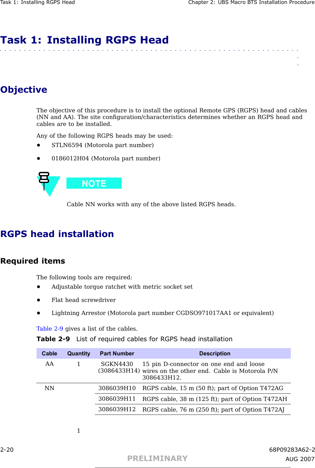 T ask 1: Installing RGPS Head Chapter 2: UBS Macro B T S Installation ProcedureTask 1: Installing RGPS Head■■■■■■■■■■■■■■■■■■■■■■■■■■■■■■■■■■■■■■■■■■■■■■■■■■■■■■■■■■■■■■■■ObjectiveThe objective of this procedure is to install the optional Remote GPS (RGPS) head and cables(NN and AA). The site conﬁguration/characteristics determines whether an RGPS head andcables are to be installed.Any of the following RGPS heads may be used:•STLN6594 (Motorola part number)•0186012H04 (Motorola part number)Cable NN works with any of the above listed RGPS heads.RGPS head installationRequired itemsThe following tools are required:•Adjustable torque ratchet with metric socket set•Flat head screwdriver•Lightning Arrestor (Motorola part number CGDSO971017AA1 or equivalent)T able 2 -9 gives a list of the cables.Table 2 -9 List of required cables for RGPS head installationCable QuantityPart Number DescriptionAA1 SGKN4430(3086433H14)15 pin D -connector on one end and loosewires on the other end. Cable is Motorola P/N3086433H12.3086039H10RGPS cable, 15 m (50 ft); part of Option T472AG3086039H11RGPS cable, 38 m (125 ft); part of Option T472AH3086039H12RGPS cable, 76 m (250 ft); part of Option T472AJNN12 -20 68P09283A62 -2PRELIMINARY A UG 2007