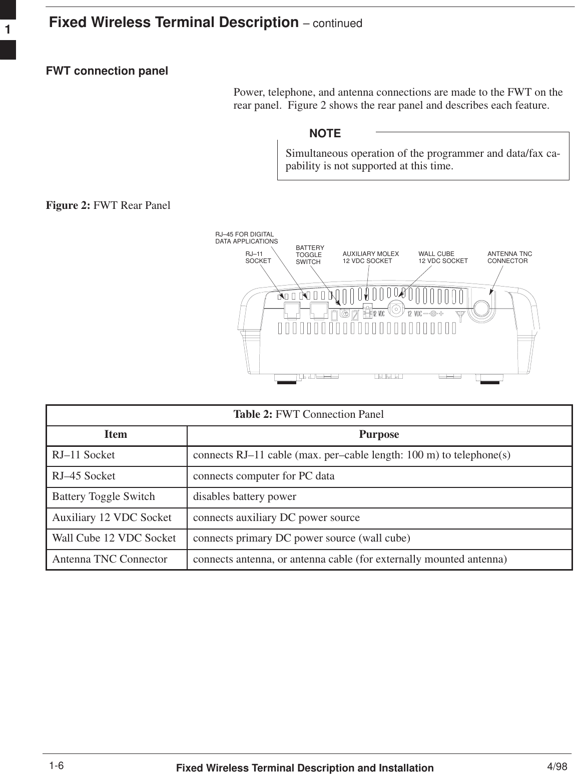 Fixed Wireless Terminal Description – continuedFixed Wireless Terminal Description and Installation 4/981-6FWT connection panelPower, telephone, and antenna connections are made to the FWT on therear panel.  Figure 2 shows the rear panel and describes each feature.Simultaneous operation of the programmer and data/fax ca-pability is not supported at this time.NOTEFigure 2: FWT Rear PanelRJ–11SOCKETBATTERYTOGGLESWITCH AUXILIARY MOLEX12 VDC SOCKET ANTENNA TNCCONNECTORWALL CUBE 12 VDC SOCKETRJ–45 FOR DIGITALDATA APPLICATIONSTable 2: FWT Connection PanelItem PurposeRJ–11 Socket connects RJ–11 cable (max. per–cable length: 100 m) to telephone(s)RJ–45 Socket connects computer for PC dataBattery Toggle Switch disables battery powerAuxiliary 12 VDC Socket connects auxiliary DC power sourceWall Cube 12 VDC Socket connects primary DC power source (wall cube)Antenna TNC Connector connects antenna, or antenna cable (for externally mounted antenna)1