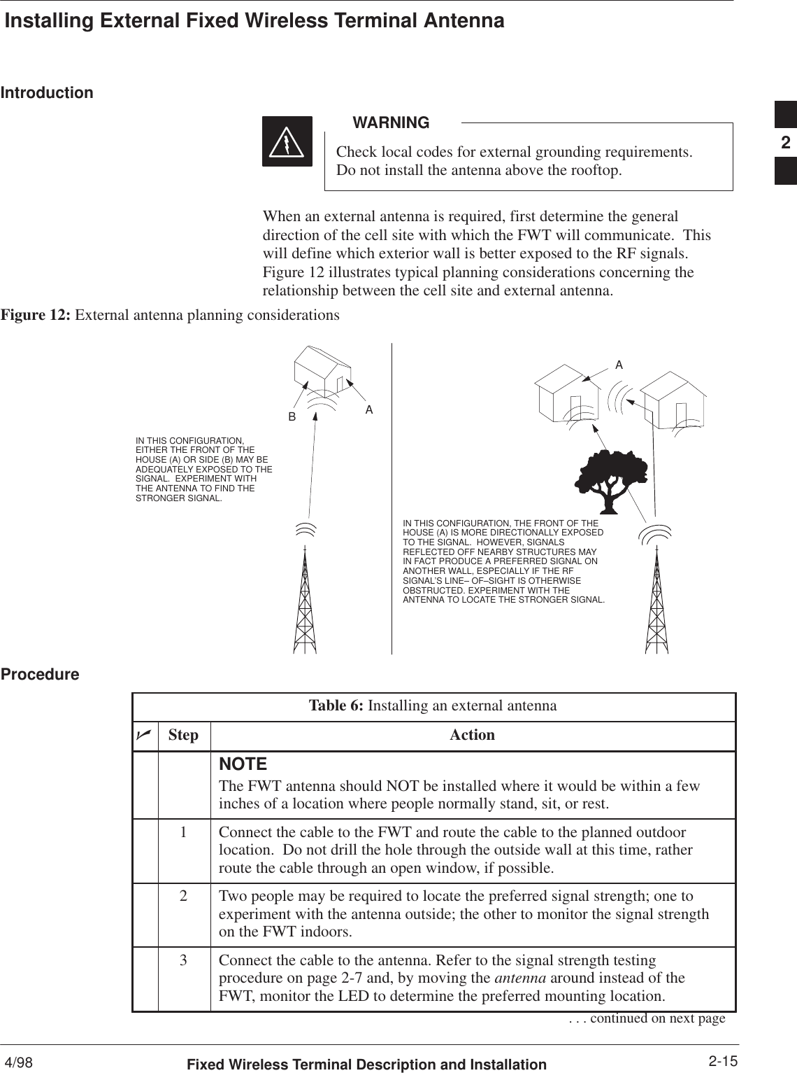 Installing External Fixed Wireless Terminal Antenna4/98 2-15Fixed Wireless Terminal Description and InstallationIntroductionCheck local codes for external grounding requirements.Do not install the antenna above the rooftop.WARNINGWhen an external antenna is required, first determine the generaldirection of the cell site with which the FWT will communicate.  Thiswill define which exterior wall is better exposed to the RF signals.Figure 12 illustrates typical planning considerations concerning therelationship between the cell site and external antenna.Figure 12: External antenna planning considerationsBAAIN THIS CONFIGURATION,EITHER THE FRONT OF THEHOUSE (A) OR SIDE (B) MAY BEADEQUATELY EXPOSED TO THESIGNAL.  EXPERIMENT WITHTHE ANTENNA TO FIND THESTRONGER SIGNAL.IN THIS CONFIGURATION, THE FRONT OF THEHOUSE (A) IS MORE DIRECTIONALLY EXPOSEDTO THE SIGNAL.  HOWEVER, SIGNALSREFLECTED OFF NEARBY STRUCTURES MAYIN FACT PRODUCE A PREFERRED SIGNAL ONANOTHER WALL, ESPECIALLY IF THE RFSIGNAL’S LINE– OF–SIGHT IS OTHERWISEOBSTRUCTED. EXPERIMENT WITH THEANTENNA TO LOCATE THE STRONGER SIGNAL.ProcedureTable 6: Installing an external antennanStep ActionNOTEThe FWT antenna should NOT be installed where it would be within a fewinches of a location where people normally stand, sit, or rest.1Connect the cable to the FWT and route the cable to the planned outdoorlocation.  Do not drill the hole through the outside wall at this time, ratherroute the cable through an open window, if possible.2Two people may be required to locate the preferred signal strength; one toexperiment with the antenna outside; the other to monitor the signal strengthon the FWT indoors.3Connect the cable to the antenna. Refer to the signal strength testingprocedure on page 2-7 and, by moving the antenna around instead of theFWT, monitor the LED to determine the preferred mounting location.. . . continued on next page2