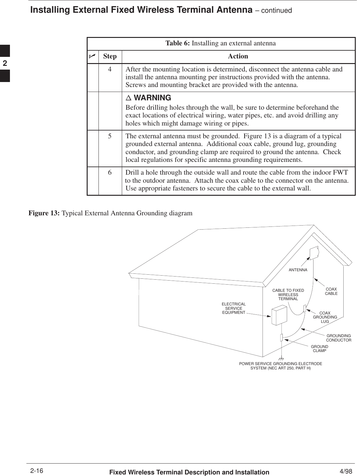 Installing External Fixed Wireless Terminal Antenna – continuedFixed Wireless Terminal Description and Installation 4/982-16Table 6: Installing an external antennanActionStep4After the mounting location is determined, disconnect the antenna cable andinstall the antenna mounting per instructions provided with the antenna.Screws and mounting bracket are provided with the antenna.n WARNINGBefore drilling holes through the wall, be sure to determine beforehand theexact locations of electrical wiring, water pipes, etc. and avoid drilling anyholes which might damage wiring or pipes.5The external antenna must be grounded.  Figure 13 is a diagram of a typicalgrounded external antenna.  Additional coax cable, ground lug, groundingconductor, and grounding clamp are required to ground the antenna.  Checklocal regulations for specific antenna grounding requirements.6Drill a hole through the outside wall and route the cable from the indoor FWTto the outdoor antenna.  Attach the coax cable to the connector on the antenna.Use appropriate fasteners to secure the cable to the external wall. Figure 13: Typical External Antenna Grounding diagramELECTRICALSERVICEEQUIPMENT COAXGROUNDINGLUGANTENNACOAXCABLEGROUNDCLAMPCABLE TO FIXEDWIRELESSTERMINALPOWER SERVICE GROUNDING ELECTRODESYSTEM (NEC ART 250, PART H)GROUNDINGCONDUCTOR2