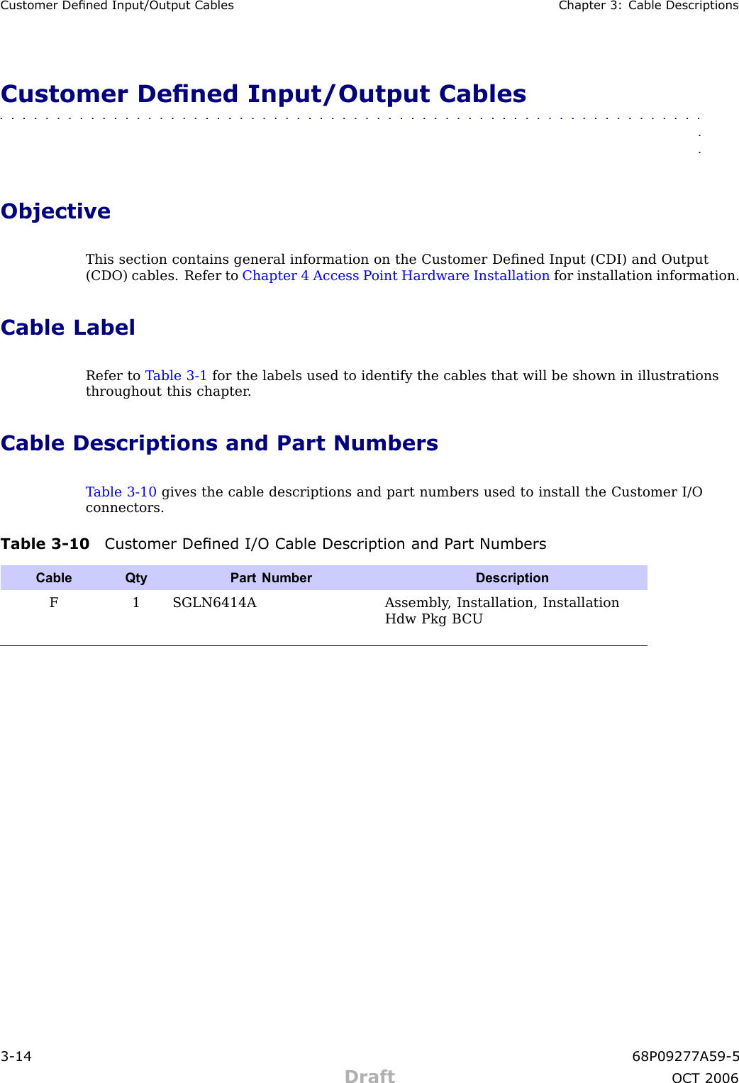 Customer Dened Input/Output Cables Chapter 3: Cable DescriptionsCustomer Dened Input/Output Cables■■■■■■■■■■■■■■■■■■■■■■■■■■■■■■■■■■■■■■■■■■■■■■■■■■■■■■■■■■■■■■■■ObjectiveThis section contains general information on the Customer Deﬁned Input (CDI) and Output(CDO) cables. Refer to Chapter 4 Access P oint Hardware Installation for installation information.Cable LabelRefer to T able 3 -1 for the labels used to identify the cables that will be shown in illustrationsthroughout this chapter .Cable Descriptions and Part NumbersT able 3 -10 gives the cable descriptions and part numbers used to install the Customer I/Oconnectors.Table 3 -10 Customer Dened I/O Cable Description and P art NumbersCable QtyPart Number DescriptionF1 SGLN6414AAssembly , Installation, InstallationHdw Pkg B CU3 -14 68P09277A59 -5Draft OCT 2006