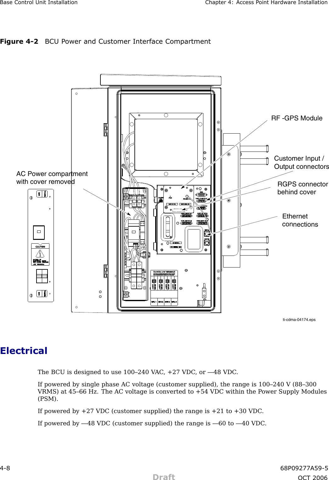 Base Control Unit Installation Chapter 4: Access P oint Hardw are InstallationFigure 4 -2 BCU P ower and Customer Interface Compartmentti-cdma-04174.epsEthernet connectionsRGPS connectorbehind coverAC Power compartment with cover removedCustomer Input /Output connectorsRF -GPS ModuleElectricalThe B CU is designed to use 100–240 V AC , +27 VDC , or —48 VDC .If powered by single phase AC voltage (customer supplied), the range is 100–240 V (88–300VRMS) at 45–66 Hz. The AC voltage is converted to +54 VDC within the P ower Supply Modules(PSM).If powered by +27 VDC (customer supplied) the range is +21 to +30 VDC .If powered by —48 VDC (customer supplied) the range is —60 to —40 VDC .4 -8 68P09277A59 -5Draft OCT 2006