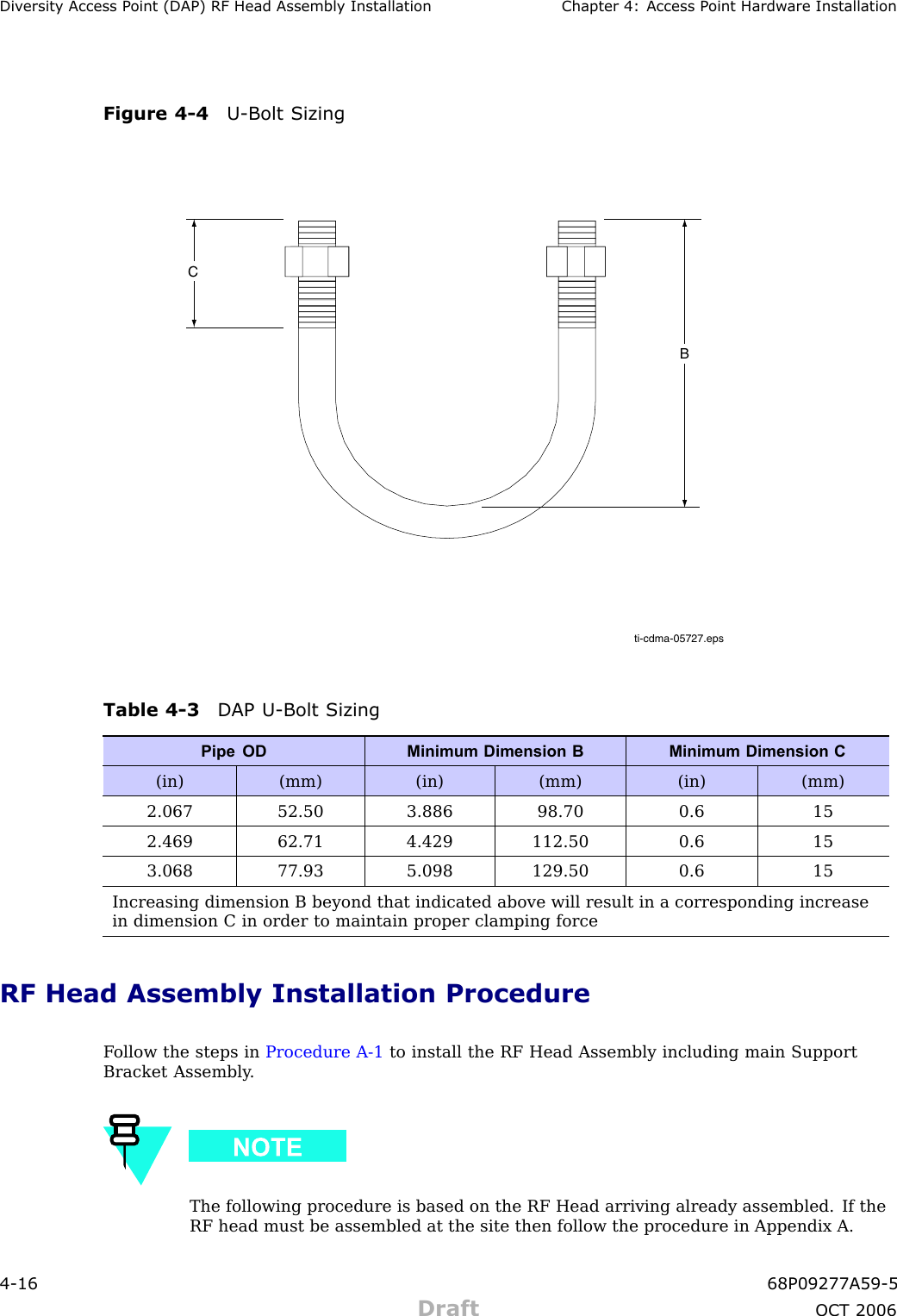 Div ersit y Access P oint (DAP) RF Head Assembly Installation Chapter 4: Access P oint Hardw are InstallationFigure 4 -4 U -Bolt Sizingti-cdma-05727.epsCBTable 4 -3 DAP U -Bolt SizingPipe ODMinimum Dimension BMinimum Dimension C(in) (mm) (in) (mm) (in) (mm)2.067 52.50 3.886 98.70 0.6 152.469 62.71 4.429 112.50 0.6 153.068 77.93 5.098 129.50 0.6 15Increasing dimension B beyond that indicated above will result in a corresponding increasein dimension C in order to maintain proper clamping forceRF Head Assembly Installation ProcedureF ollow the steps in Procedure A -1 to install the RF Head Assembly including main SupportBracket Assembly .The following procedure is based on the RF Head arriving already assembled. If theRF head must be assembled at the site then follow the procedure in Appendix A.4 -16 68P09277A59 -5Draft OCT 2006