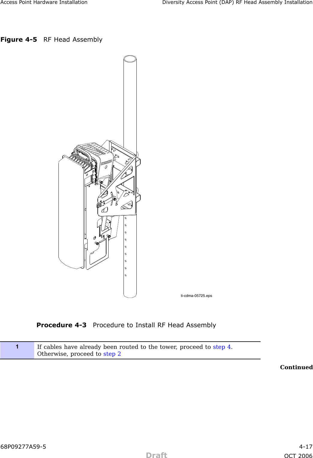 Access P oint Hardw are Installation Div ersit y Access P oint (DAP) RF Head Assembly InstallationFigure 4 -5 RF Head Assemblyti-cdma-05725.epsProcedure 4 -3 Procedure to Install RF Head Assembly1If cables have already been routed to the tower , proceed to step 4 .Otherwise, proceed to step 2Continued68P09277A59 -5 4 -17Draft OCT 2006