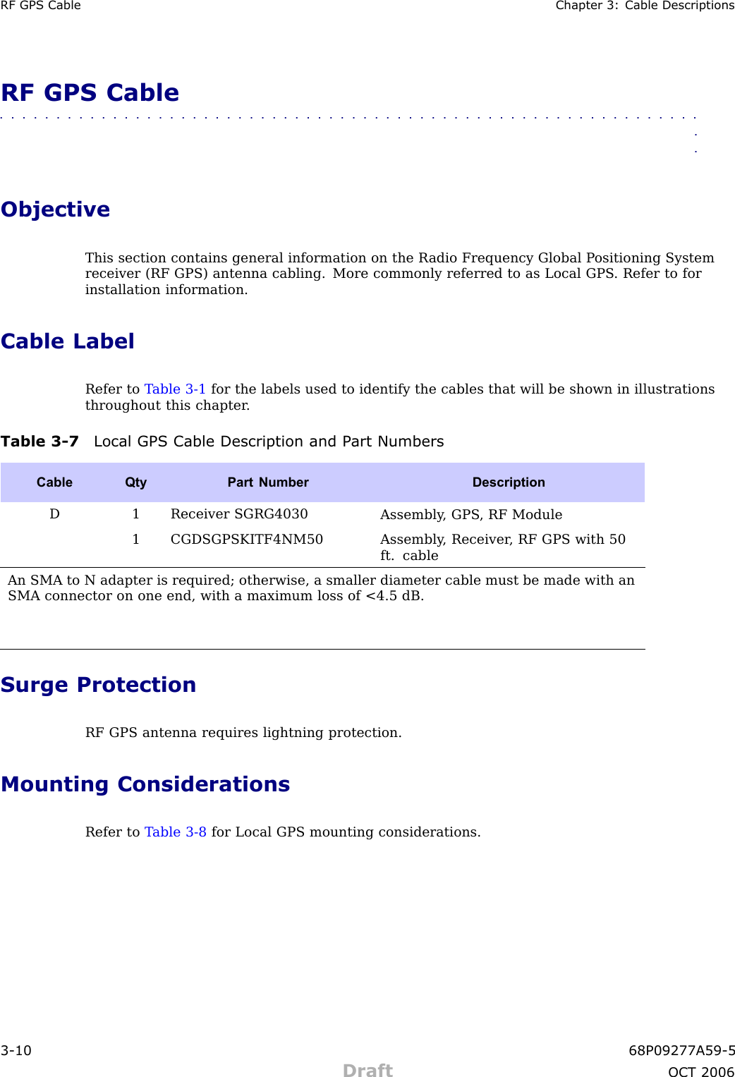 RF GPS Cable Chapter 3: Cable DescriptionsRF GPS Cable■■■■■■■■■■■■■■■■■■■■■■■■■■■■■■■■■■■■■■■■■■■■■■■■■■■■■■■■■■■■■■■■ObjectiveThis section contains general information on the R adio Frequency Global P ositioning Systemreceiver (RF GPS) antenna cabling. More commonly referred to as Local GPS . Refer to forinstallation information.Cable LabelRefer to T able 3 -1 for the labels used to identify the cables that will be shown in illustrationsthroughout this chapter .Table 3 -7 Local GPS Cable Description and P art NumbersCable QtyPart Number DescriptionD1 Receiver SGRG4030Assembly , GPS , RF Module1 CGDSGPSKITF4NM50Assembly , Receiver , RF GPS with 50ft. cableAn SMA to N adapter is required; otherwise, a smaller diameter cable must be made with anSMA connector on one end, with a maximum loss of &lt;4.5 dB.Surge ProtectionRF GPS antenna requires lightning protection.Mounting ConsiderationsRefer to T able 3 -8 for Local GPS mounting considerations.3 -10 68P09277A59 -5Draft OCT 2006