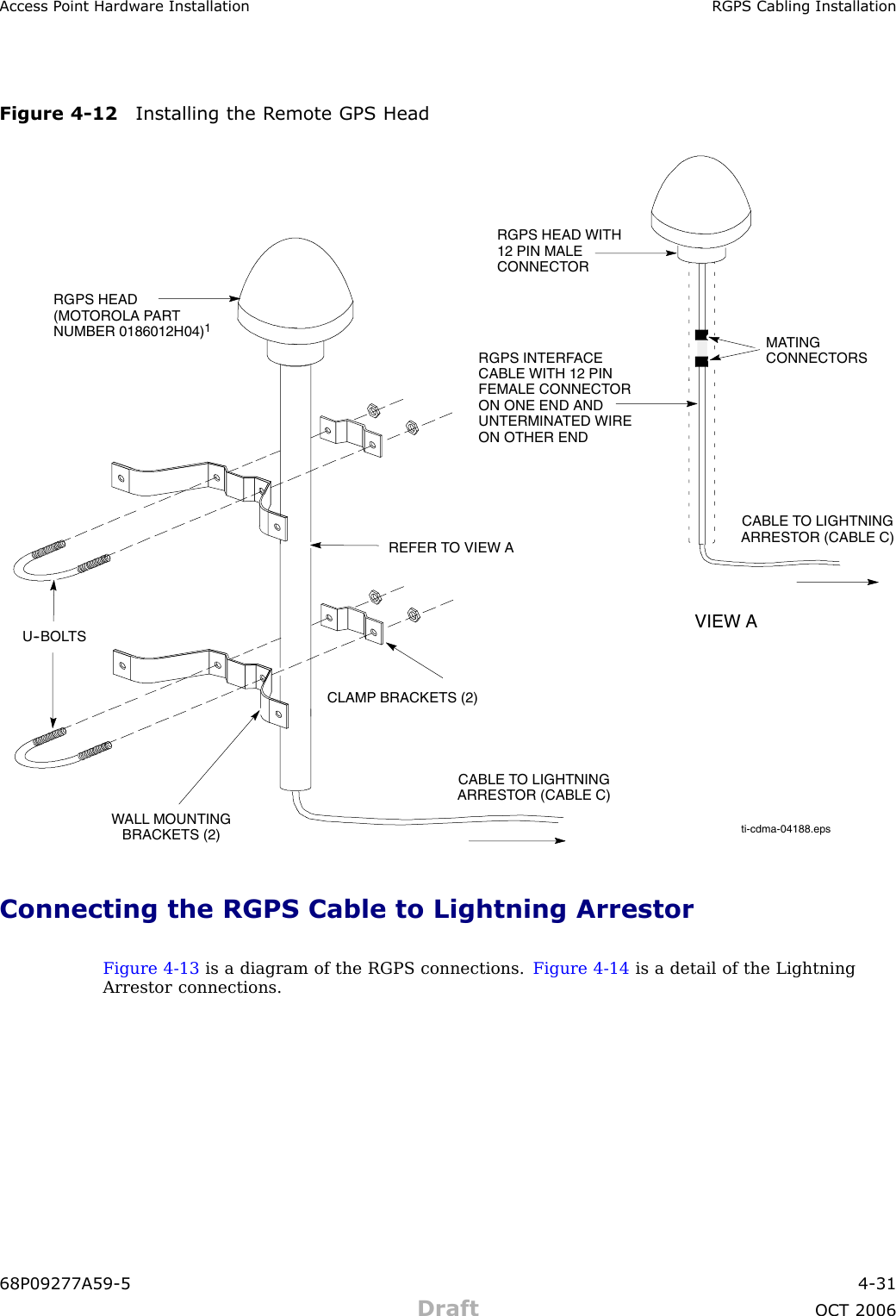 Access P oint Hardw are Installation RGPS Cabling InstallationFigure 4 -12 Installing the R emote GPS Headti-cdma-04188.epsWALL MOUNTINGBRACKETS (2)CLAMP BRACKETS (2)U--BOLTSCABLE TO LIGHTNINGARRESTOR (CABLE C)REFER TO VIEW ARGPS HEAD WITH12 PIN MALECONNECTORMATINGCONNECTORSRGPS INTERFACECABLE WITH 12 PINFEMALE CONNECTORON ONE END ANDUNTERMINATED WIREON OTHER ENDVIEW ARGPS HEAD(MOTOROLA PARTNUMBER 0186012H04)1CABLE TO LIGHTNINGARRESTOR (CABLE C)Connecting the RGPS Cable to Lightning ArrestorFigure 4 -13 is a diagram of the RGPS connections. Figure 4 -14 is a detail of the LightningArrestor connections.68P09277A59 -5 4 -31Draft OCT 2006