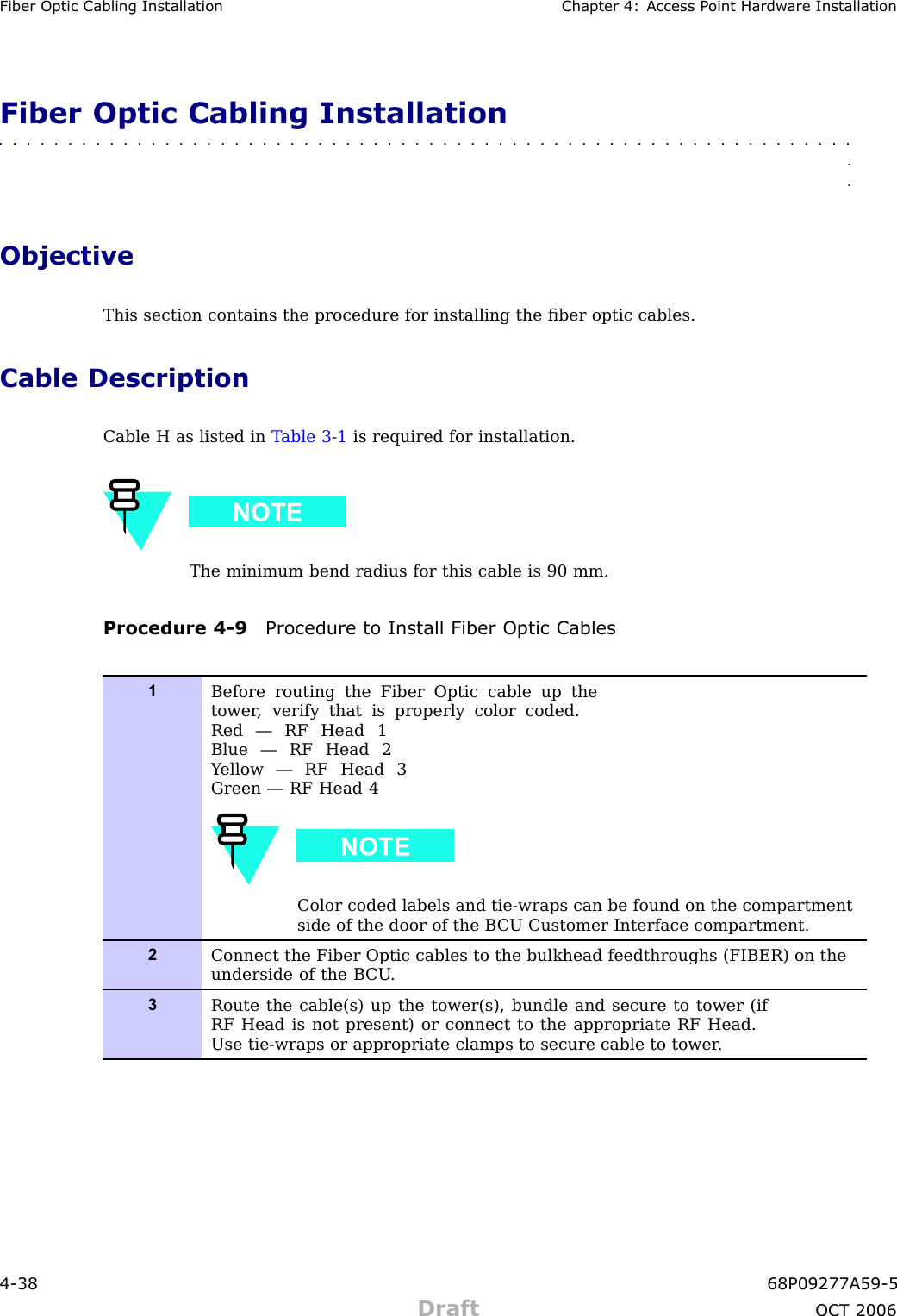 Fiber Optic Cabling Installation Chapter 4: Access P oint Hardw are InstallationFiber Optic Cabling Installation■■■■■■■■■■■■■■■■■■■■■■■■■■■■■■■■■■■■■■■■■■■■■■■■■■■■■■■■■■■■■■■■ObjectiveThis section contains the procedure for installing the ﬁber optic cables.Cable DescriptionCable H as listed in T able 3 -1 is required for installation.The minimum bend radius for this cable is 90 mm.Procedure 4 -9 Procedure to Install Fiber Optic Cables1Before routing the Fiber Optic cable up thetower , verify that is properly color coded.Red — RF Head 1Blue — RF Head 2Y ellow — RF Head 3Green — RF Head 4Color coded labels and tie-wraps can be found on the compartmentside of the door of the B CU Customer Interface compartment.2Connect the Fiber Optic cables to the bulkhead feedthroughs (FIBER) on theunderside of the B CU .3Route the cable(s) up the tower(s), bundle and secure to tower (ifRF Head is not present) or connect to the appropriate RF Head.Use tie-wraps or appropriate clamps to secure cable to tower .4 -38 68P09277A59 -5Draft OCT 2006