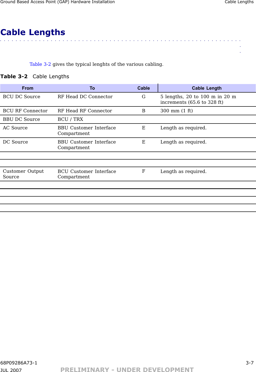 Ground Based Access P oint (GAP) Hardw are Installation Cable LengthsCable Lengths■■■■■■■■■■■■■■■■■■■■■■■■■■■■■■■■■■■■■■■■■■■■■■■■■■■■■■■■■■■■■■■■T able 3 -2 gives the typical lenghts of the various cabling.Table 3 -2 Cable LengthsFrom T oCable Cable LengthB CU DC SourceRF Head DC ConnectorG5 lengths, 20 to 100 m in 20 mincrements (65.6 to 328 ft)B CU RF ConnectorRF Head RF ConnectorB300 mm (1 ft)BBU DC Source B CU / TRXAC SourceBBU Customer InterfaceCompartmentELength as required.DC SourceBBU Customer InterfaceCompartmentELength as required.Customer OutputSourceB CU Customer InterfaceCompartmentFLength as required.68P09286A73 -1 3 -7JUL 2007 PRELIMINARY - UNDER DEVELOPMENT