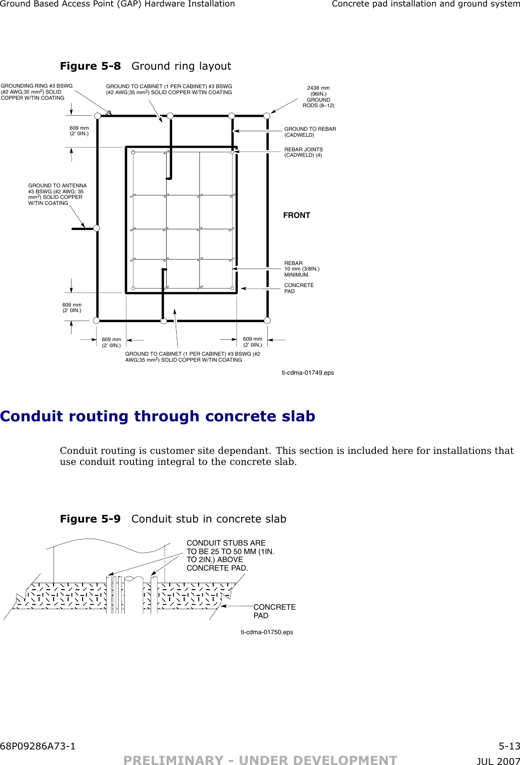 Ground Based Access P oint (GAP) Hardw are Installation Concrete pad installation and ground systemFigure 5 -8 Ground ring la y outti-cdma-01749.epsCONCRETEPADGROUNDING RING #3 BSWG(#2 AWG;35 mm2) SOLIDCOPPER W/TIN COATING2438 mm(96IN.)GROUNDRODS (8−12)GROUND TO CABINET (1 PER CABINET) #3 BSWG(#2 AWG;35 mm2) SOLID COPPER W/TIN COATINGGROUND TO ANTENNA#3 BSWG (#2 AWG; 35mm2) SOLID COPPERW/TIN COATING609 mm(2’ 0IN.)GROUND TO REBAR(CADWELD)609 mm(2’ 0IN.)REBAR JOINTS(CADWELD) (4)609 mm(2’ 0IN.)REBAR10 mm (3/8IN.)MINIMUM.FRONTGROUND TO CABINET (1 PER CABINET) #3 BSWG (#2AWG;35 mm2) SOLID COPPER W/TIN COATING609 mm(2’ 0IN.)Conduit routing through concrete slabConduit routing is customer site dependant. This section is included here for installations thatuse conduit routing integral to the concrete slab.Figure 5 -9 Conduit stub in concrete slabti-cdma-01750.epsCONDUIT STUBS ARETO BE 25 TO 50 MM (1IN.TO 2IN.) ABOVECONCRETE PAD.CONCRETEPAD68P09286A73 -1 5 -13PRELIMINARY - UNDER DEVELOPMENT JUL 2007