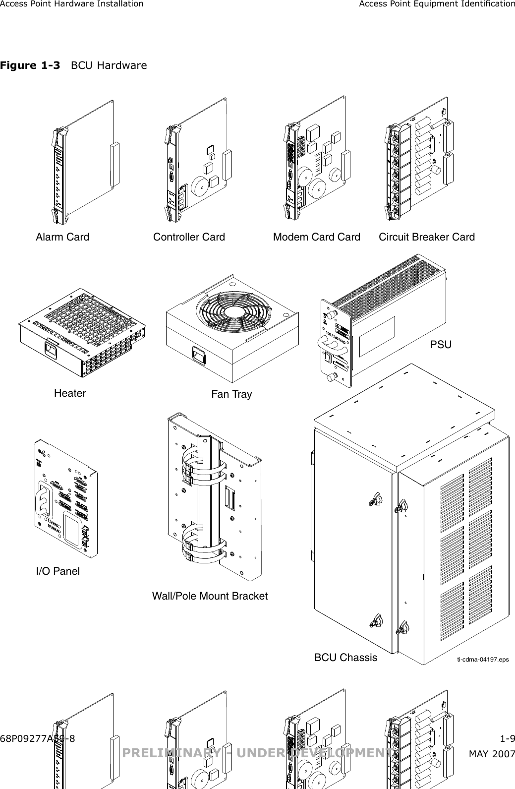 Access P oint Hardw are Installation Access P oint Equipment IdenticationFigure 1 -3 BCU Hardw areti-cdma-04197.epsAlarm CardFan TrayBCU ChassisI/O PanelWall/Pole Mount BracketHeaterCircuit Breaker CardModem Card CardController CardPSUti-cdma-04197.epsAlarm CardFan TrayBCU ChassisI/O PanelWall/Pole Mount BracketHeaterCircuit Breaker CardModem Card CardController CardPSU68P09277A59 -8 1 -9PRELIMINARY - UNDER DEVELOPMENT MA Y 2007