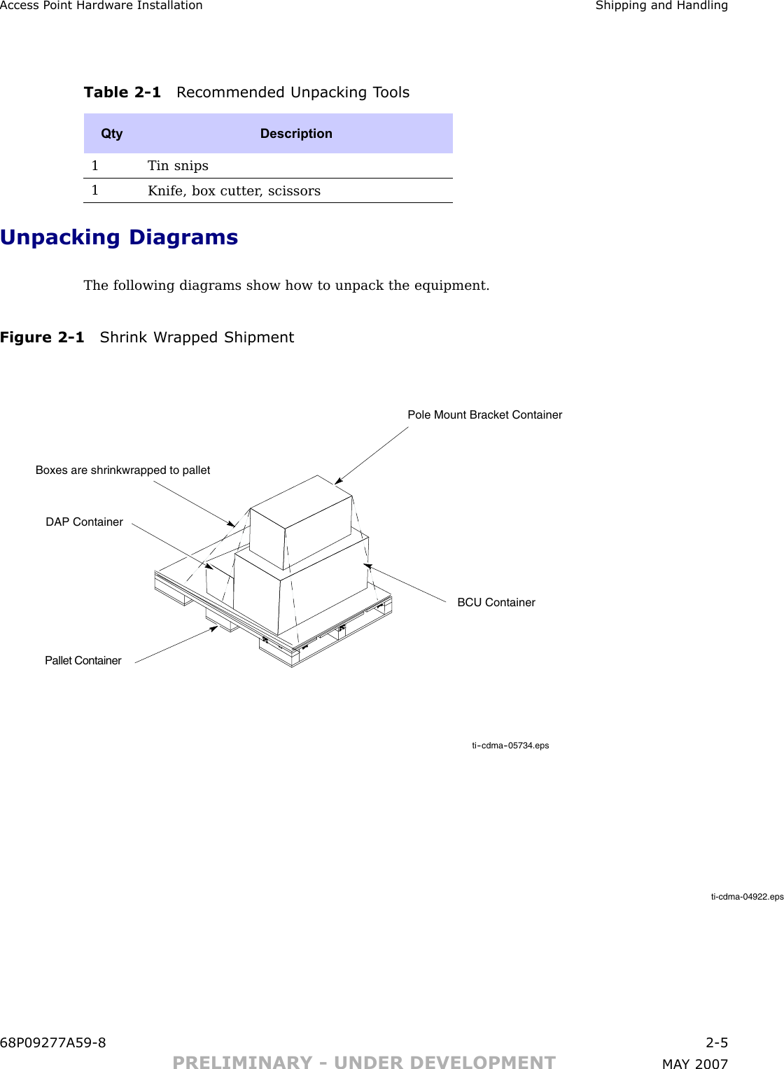 Access P oint Hardw are Installation Shipping and HandlingTable 2 -1 R ecommended Unpacking T oolsQtyDescription1 Tin snips1Knife, box cutter , scissorsUnpacking DiagramsThe following diagrams show how to unpack the equipment.Figure 2 -1 Shrink W r apped Shipmentti-cdma-04922.epsti--cdma--05734.epsPallet ContainerDAP ContainerBoxes are shrinkwrapped to palletPole Mount Bracket ContainerBCU Container68P09277A59 -8 2 -5PRELIMINARY - UNDER DEVELOPMENT MA Y 2007