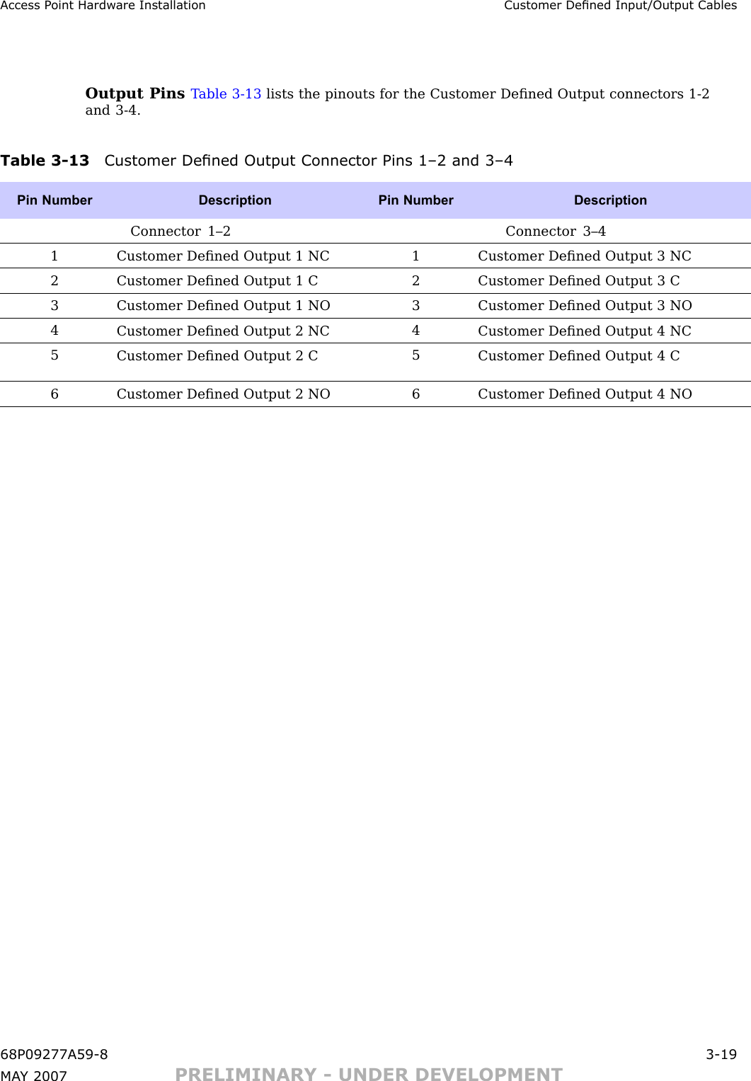 Access P oint Hardw are Installation Customer Dened Input/Output CablesOutput Pins T able 3 -13 lists the pinouts for the Customer Deﬁned Output connectors 1 -2and 3 -4.Table 3 -13 Customer Dened Output Connector Pins 1–2 and 3–4Pin Number Description Pin Number DescriptionConnector 1–2 Connector 3–41Customer Deﬁned Output 1 NC1Customer Deﬁned Output 3 NC2Customer Deﬁned Output 1 C2Customer Deﬁned Output 3 C3Customer Deﬁned Output 1 NO3Customer Deﬁned Output 3 NO4Customer Deﬁned Output 2 NC4Customer Deﬁned Output 4 NC5Customer Deﬁned Output 2 C5Customer Deﬁned Output 4 C6Customer Deﬁned Output 2 NO6Customer Deﬁned Output 4 NO68P09277A59 -8 3 -19MA Y 2007 PRELIMINARY - UNDER DEVELOPMENT
