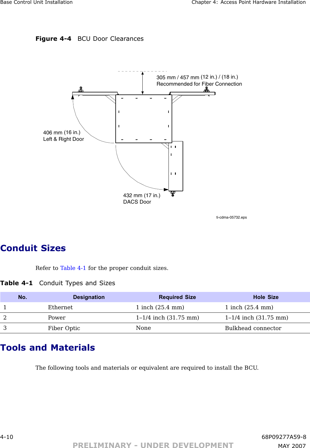Base Control Unit Installation Chapter 4: Access P oint Hardw are InstallationFigure 4 -4 BCU Door Clear ancesti-cdma-05732.eps305 mm / 457 mm Recommended for Fiber Connection406 mm Left &amp; Right Door432 mm DACS Door(16 in.)(17 in.)(12 in.) / (18 in.)Conduit SizesRefer to T able 4 -1 for the proper conduit sizes.Table 4 -1 Conduit T ypes and Siz esNo. DesignationRequired Size Hole Size1Ethernet 1 inch (25.4 mm) 1 inch (25.4 mm)2P ower1–1/4 inch (31.75 mm) 1–1/4 inch (31.75 mm)3Fiber OpticNoneBulkhead connectorTools and MaterialsThe following tools and materials or equivalent are required to install the B CU .4 -10 68P09277A59 -8PRELIMINARY - UNDER DEVELOPMENT MA Y 2007