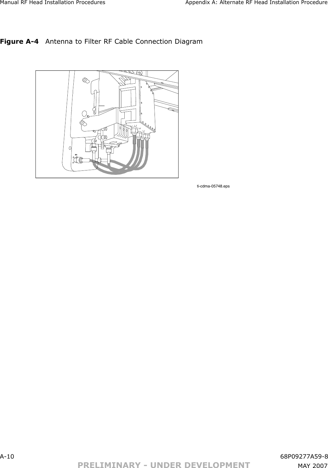 Manual RF Head Installation Procedures Appendix A: Alternate RF Head Installation ProcedureFigure A -4 Antenna to Filter RF Cable Connection Diagr amti-cdma-05748.epsDIVA -10 68P09277A59 -8PRELIMINARY - UNDER DEVELOPMENT MA Y 2007