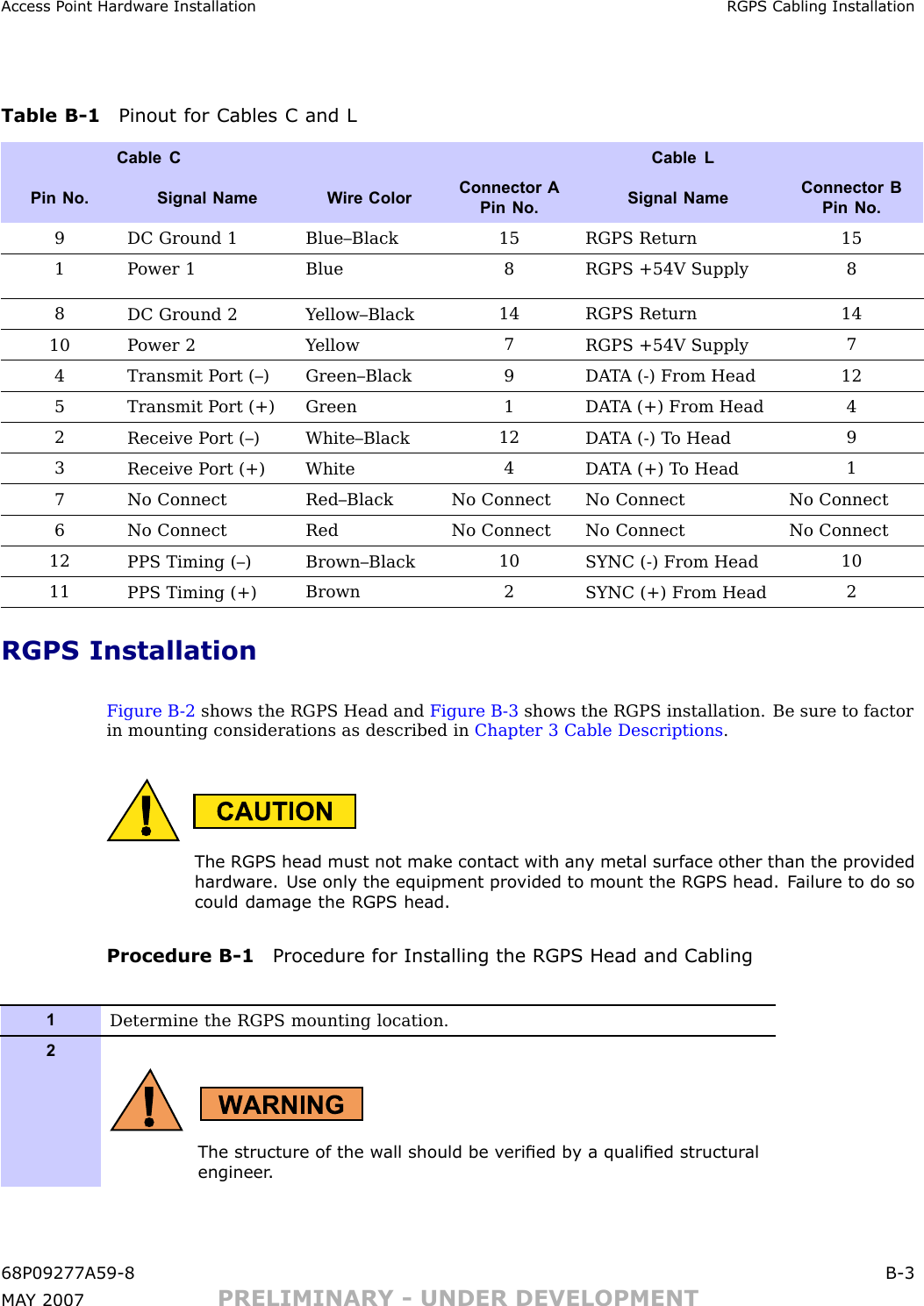 Access P oint Hardw are Installation RGPS Cabling InstallationTable B -1 Pinout for Cables C and LCable C Cable LPin No.Signal Name W ire ColorConnector APin No.Signal NameConnector BPin No.9DC Ground 1 Blue–Black15 RGPS Return 151 P ower 1Blue8RGPS +54V Supply88DC Ground 2 Y ellow–Black14 RGPS Return 1410 P ower 2Y ellow7RGPS +54V Supply74Transmit P ort (–) Green–Black9DA T A (-) From Head125Transmit P ort (+)Green 1DA T A (+) From Head42Receive P ort (–) White–Black12DA T A (-) T o Head93Receive P ort (+) White4DA T A (+) T o Head17No ConnectRed–BlackNo Connect No Connect No Connect6 No ConnectRedNo Connect No Connect No Connect12PPS Timing (–) Brown–Black10SYNC (-) From Head1011PPS Timing (+)Brown2SYNC (+) From Head2RGPS InstallationFigure B -2 shows the RGPS Head and Figure B -3 shows the RGPS installation. Be sure to factorin mounting considerations as described in Chapter 3 Cable Descriptions .The RGPS head must not mak e contact with an y metal surface other than the pro videdhardw are. Use only the equipment pro vided to mount the RGPS head. F ailure to do socould damage the RGPS head.Procedure B -1 Procedure for Installing the RGPS Head and Cabling1Determine the RGPS mounting location.2The structure of the w all should be v eried b y a qualied structur alengineer .68P09277A59 -8 B -3MA Y 2007 PRELIMINARY - UNDER DEVELOPMENT