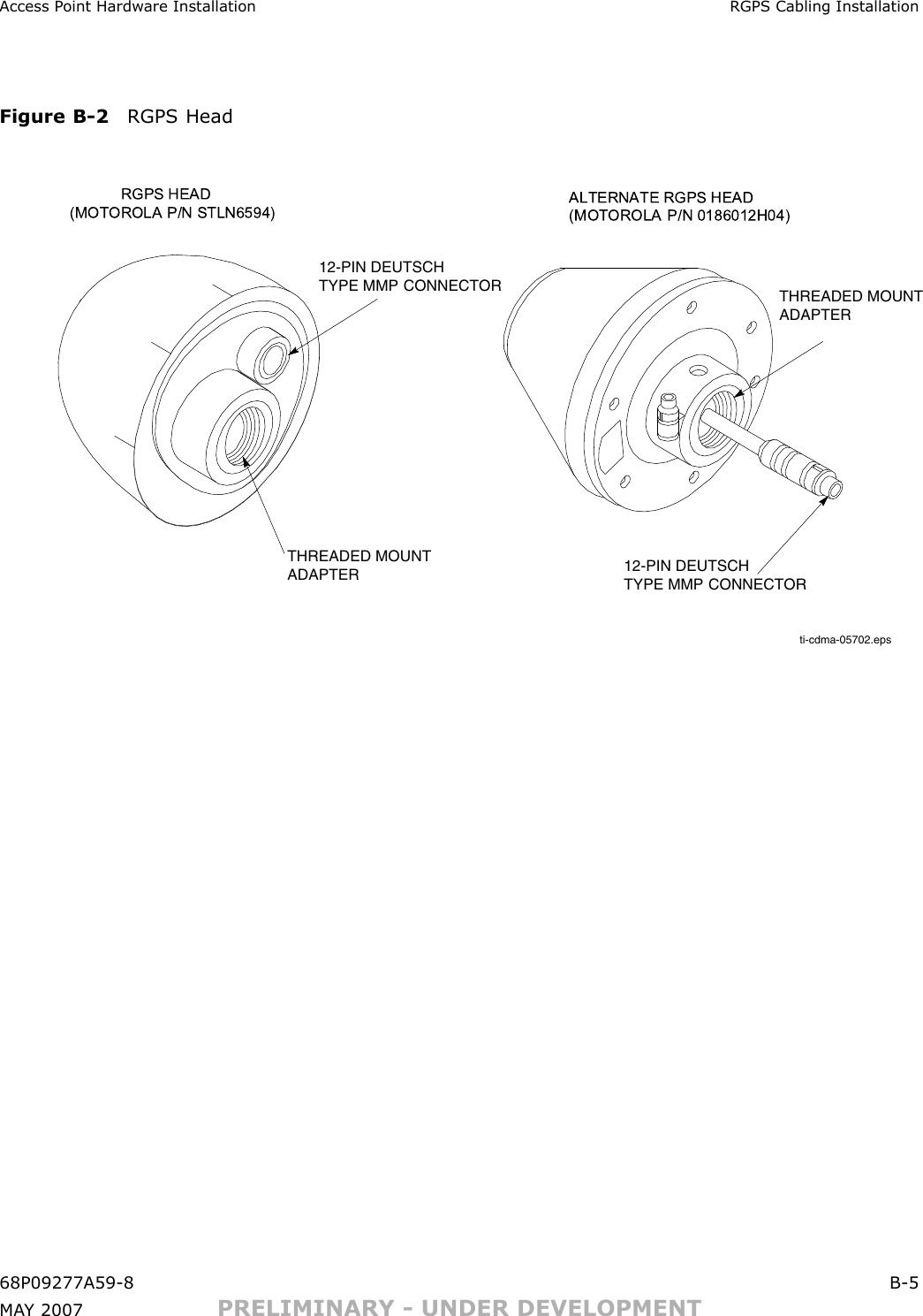 Access P oint Hardw are Installation RGPS Cabling InstallationFigure B -2 RGPS Headti-cdma-05702.epsTHREADED MOUNT ADAPTERTHREADED MOUNT ADAPTER 12-PIN DEUTSCH TYPE MMP CONNECTOR12-PIN DEUTSCH TYPE MMP CONNECTORALTERNATE RGPS HEAD (MOTOROLA P/N 0186012H04)             RGPS HEAD (MOTOROLA P/N STLN6594)68P09277A59 -8 B -5MA Y 2007 PRELIMINARY - UNDER DEVELOPMENT