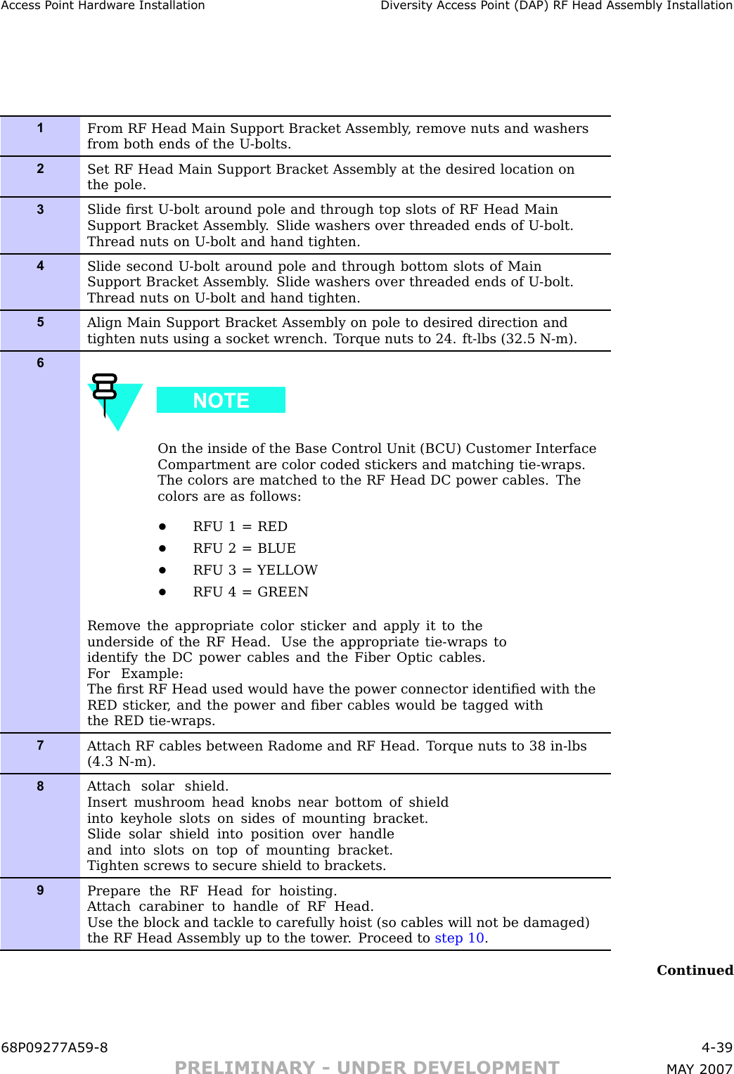 Access P oint Hardw are Installation Div ersit y Access P oint (DAP) RF Head Assembly Installation1From RF Head Main Support Bracket Assembly , remove nuts and washersfrom both ends of the U -bolts.2Set RF Head Main Support Bracket Assembly at the desired location onthe pole.3Slide ﬁrst U -bolt around pole and through top slots of RF Head MainSupport Bracket Assembly . Slide washers over threaded ends of U -bolt.Thread nuts on U -bolt and hand tighten.4Slide second U -bolt around pole and through bottom slots of MainSupport Bracket Assembly . Slide washers over threaded ends of U -bolt.Thread nuts on U -bolt and hand tighten.5Align Main Support Bracket Assembly on pole to desired direction andtighten nuts using a socket wrench. T orque nuts to 24. ft-lbs (32.5 N-m).6On the inside of the Base Control Unit (B CU) Customer InterfaceCompartment are color coded stickers and matching tie-wraps.The colors are matched to the RF Head DC power cables. Thecolors are as follows:•RFU 1 = RED•RFU 2 = BL UE•RFU 3 = YELLOW•RFU 4 = GREENRemove the appropriate color sticker and apply it to theunderside of the RF Head. Use the appropriate tie-wraps toidentify the DC power cables and the Fiber Optic cables.F or Example:The ﬁrst RF Head used would have the power connector identiﬁed with theRED sticker , and the power and ﬁber cables would be tagged withthe RED tie-wraps.7A ttach RF cables between R adome and RF Head. T orque nuts to 38 in-lbs(4.3 N-m).8A ttach solar shield.Insert mushroom head knobs near bottom of shieldinto keyhole slots on sides of mounting bracket.Slide solar shield into position over handleand into slots on top of mounting bracket.Tighten screws to secure shield to brackets.9Prepare the RF Head for hoisting.A ttach carabiner to handle of RF Head.Use the block and tackle to carefully hoist (so cables will not be damaged)the RF Head Assembly up to the tower . Proceed to step 10 .Continued68P09277A59 -8 4 -39PRELIMINARY - UNDER DEVELOPMENT MA Y 2007