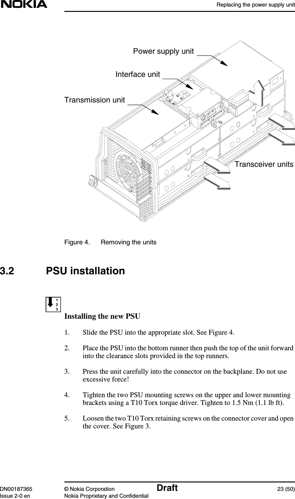 Replacing the power supply unitDN00187365 © Nokia Corporation Draft 23 (50)Issue 2-0 en Nokia Proprietary and ConfidentialFigure 4. Removing the units3.2 PSU installationInstalling the new PSU1. Slide the PSU into the appropriate slot. See Figure 4.2. Place the PSU into the bottom runner then push the top of the unit forwardinto the clearance slots provided in the top runners.3. Press the unit carefully into the connector on the backplane. Do not useexcessive force!4. Tighten the two PSU mounting screws on the upper and lower mountingbrackets using a T10 Torx torque driver. Tighten to 1.5 Nm (1.1 lb ft).5. Loosen the two T10 Torx retaining screws on the connector cover and openthe cover. See Figure 3.Power supply unitInterface unitTransmission unitTransceiver units