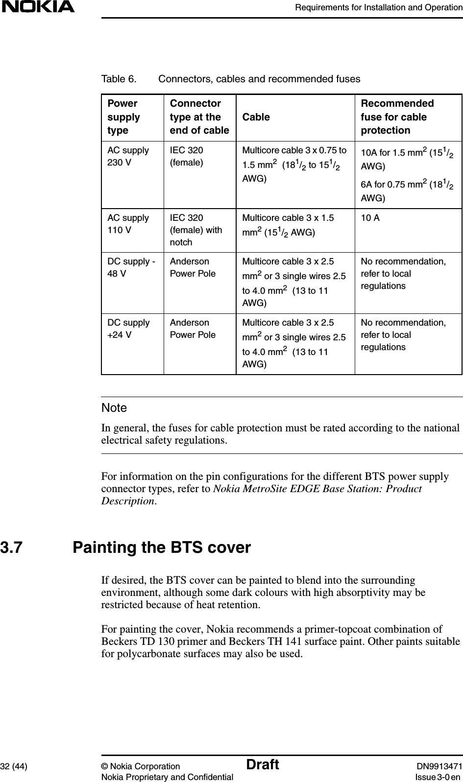 Requirements for Installation and Operation32 (44) © Nokia Corporation Draft DN9913471Nokia Proprietary and Confidential Issue 3-0 enNoteIn general, the fuses for cable protection must be rated according to the nationalelectrical safety regulations.For information on the pin configurations for the different BTS power supplyconnector types, refer to Nokia MetroSite EDGE Base Station: ProductDescription.3.7 Painting the BTS coverIf desired, the BTS cover can be painted to blend into the surroundingenvironment, although some dark colours with high absorptivity may berestricted because of heat retention.For painting the cover, Nokia recommends a primer-topcoat combination ofBeckers TD 130 primer and Beckers TH 141 surface paint. Other paints suitablefor polycarbonate surfaces may also be used.Table 6. Connectors, cables and recommended fusesPowersupplytypeConnectortype at theend of cableCableRecommendedfuse for cableprotectionAC supply230 VIEC 320(female)Multicore cable 3 x 0.75 to1.5 mm2  (181/2 to 151/2AWG)10A for 1.5 mm2(151/2AWG)6A for 0.75 mm2(181/2AWG)AC supply110 VIEC 320(female) withnotchMulticore cable 3 x 1.5mm2 (151/2 AWG)10 ADC supply -48 VAndersonPower PoleMulticore cable 3 x 2.5mm2 or 3 single wires 2.5to 4.0 mm2  (13 to 11AWG)No recommendation,refer to localregulationsDC supply+24 VAndersonPower PoleMulticore cable 3 x 2.5mm2 or 3 single wires 2.5to 4.0 mm2  (13 to 11AWG)No recommendation,refer to localregulations
