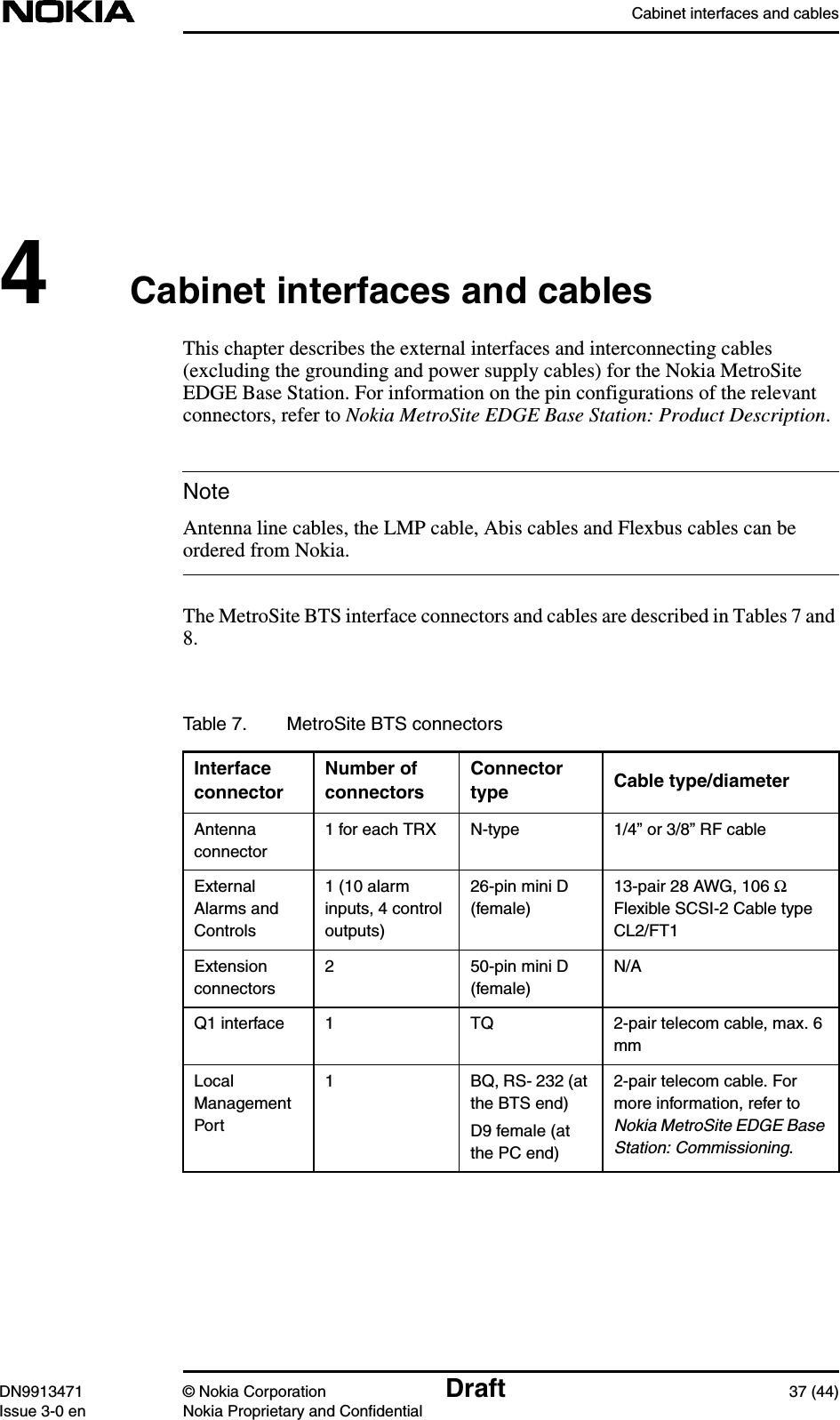 Cabinet interfaces and cablesDN9913471 © Nokia Corporation Draft 37 (44)Issue 3-0 en Nokia Proprietary and ConfidentialNote4Cabinet interfaces and cablesThis chapter describes the external interfaces and interconnecting cables(excluding the grounding and power supply cables) for the Nokia MetroSiteEDGE Base Station. For information on the pin configurations of the relevantconnectors, refer to Nokia MetroSite EDGE Base Station: Product Description.Antenna line cables, the LMP cable, Abis cables and Flexbus cables can beordered from Nokia.The MetroSite BTS interface connectors and cables are described in Tables 7 and8.Table 7. MetroSite BTS connectorsInterfaceconnectorNumber ofconnectorsConnectortype Cable type/diameterAntennaconnector1 for each TRX N-type 1/4” or 3/8” RF cableExternalAlarms andControls1 (10 alarminputs, 4 controloutputs)26-pin mini D(female)13-pair 28 AWG, 106 ΩFlexible SCSI-2 Cable typeCL2/FT1Extensionconnectors2 50-pin mini D(female)N/AQ1 interface 1 TQ 2-pair telecom cable, max. 6mmLocalManagementPort1 BQ, RS- 232 (atthe BTS end)D9 female (atthe PC end)2-pair telecom cable. Formore information, refer toNokia MetroSite EDGE BaseStation: Commissioning.