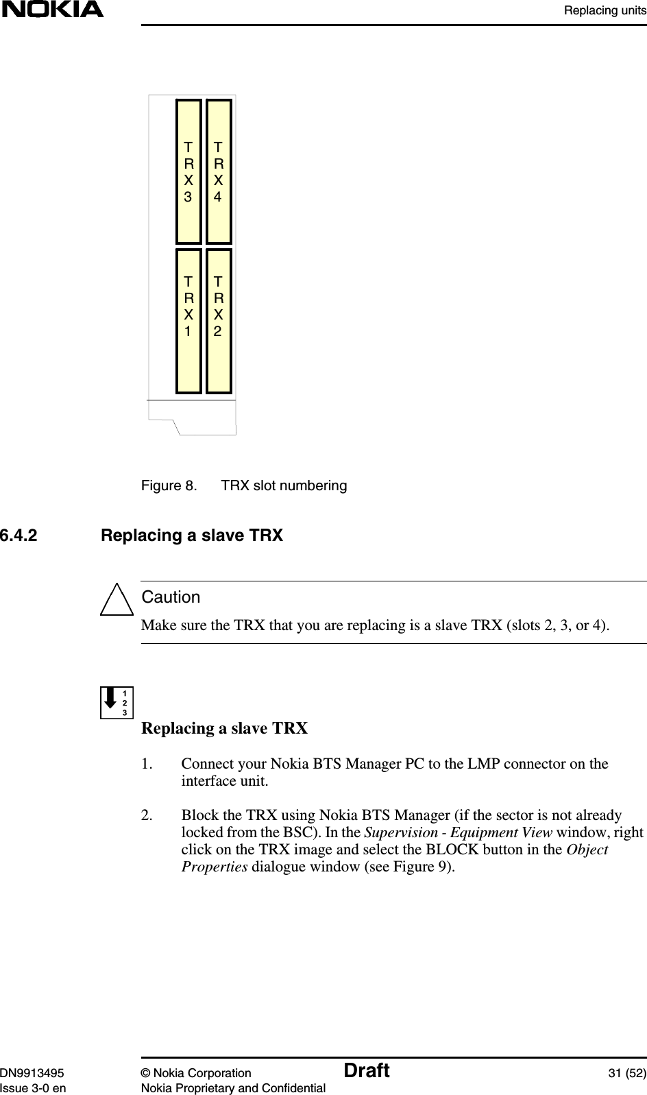 Replacing unitsDN9913495 © Nokia Corporation Draft 31 (52)Issue 3-0 en Nokia Proprietary and ConfidentialCautionFigure 8. TRX slot numbering6.4.2 Replacing a slave TRXMake sure the TRX that you are replacing is a slave TRX (slots 2, 3, or 4).Replacing a slave TRX1. Connect your Nokia BTS Manager PC to the LMP connector on theinterface unit.2. Block the TRX using Nokia BTS Manager (if the sector is not alreadylocked from the BSC). In the Supervision - Equipment View window, rightclick on the TRX image and select the BLOCK button in the ObjectProperties dialogue window (see Figure 9).TRX3TRX4TRX1TRX2