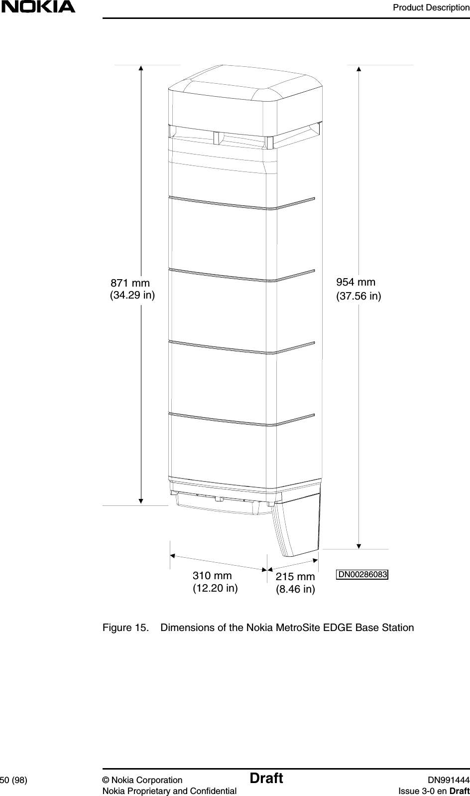 Product Description50 (98) © Nokia Corporation Draft DN991444Nokia Proprietary and Confidential Issue 3-0 en DraftFigure 15. Dimensions of the Nokia MetroSite EDGE Base Station954 mm(37.56 in)871 mm(34.29 in)310 mm(12.20 in)215 mm(8.46 in)DN00286083