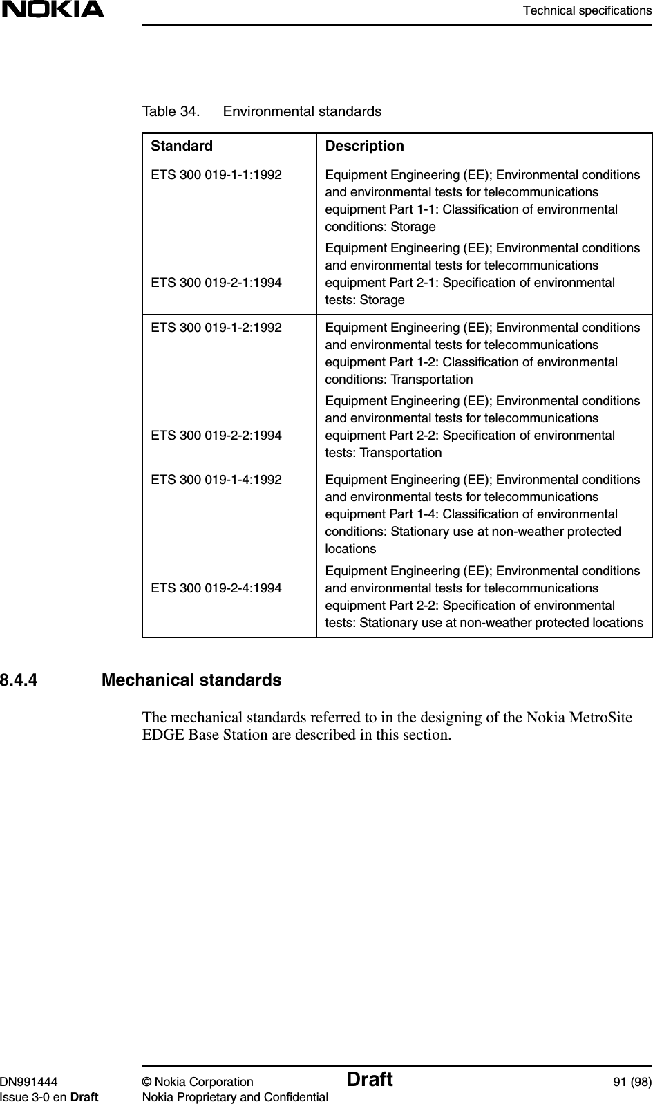 Technical specificationsDN991444 © Nokia Corporation Draft 91 (98)Issue 3-0 en Draft Nokia Proprietary and Confidential8.4.4 Mechanical standardsThe mechanical standards referred to in the designing of the Nokia MetroSiteEDGE Base Station are described in this section.Table 34. Environmental standardsStandard DescriptionETS 300 019-1-1:1992ETS 300 019-2-1:1994Equipment Engineering (EE); Environmental conditionsand environmental tests for telecommunicationsequipment Part 1-1: Classiﬁcation of environmentalconditions: StorageEquipment Engineering (EE); Environmental conditionsand environmental tests for telecommunicationsequipment Part 2-1: Speciﬁcation of environmentaltests: StorageETS 300 019-1-2:1992ETS 300 019-2-2:1994Equipment Engineering (EE); Environmental conditionsand environmental tests for telecommunicationsequipment Part 1-2: Classiﬁcation of environmentalconditions: TransportationEquipment Engineering (EE); Environmental conditionsand environmental tests for telecommunicationsequipment Part 2-2: Speciﬁcation of environmentaltests: TransportationETS 300 019-1-4:1992ETS 300 019-2-4:1994Equipment Engineering (EE); Environmental conditionsand environmental tests for telecommunicationsequipment Part 1-4: Classiﬁcation of environmentalconditions: Stationary use at non-weather protectedlocationsEquipment Engineering (EE); Environmental conditionsand environmental tests for telecommunicationsequipment Part 2-2: Speciﬁcation of environmentaltests: Stationary use at non-weather protected locations