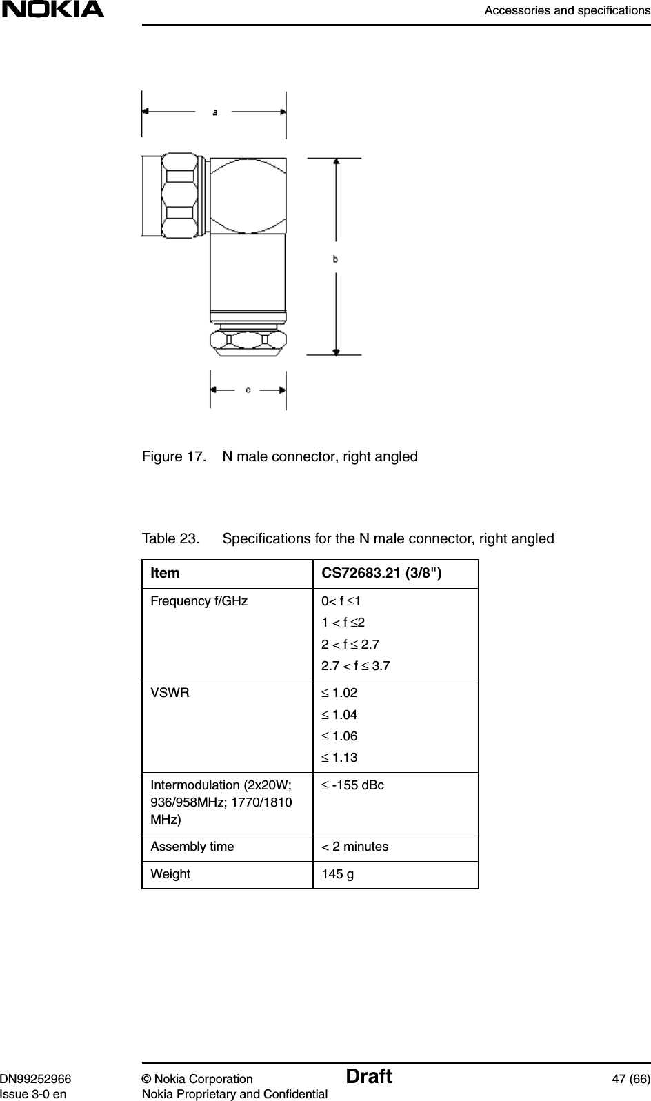 Accessories and specificationsDN99252966 © Nokia Corporation Draft 47 (66)Issue 3-0 en Nokia Proprietary and ConfidentialFigure 17. N male connector, right angledTable 23. Speciﬁcations for the N male connector, right angledItem CS72683.21 (3/8&quot;)Frequency f/GHz 0&lt; f ≤11 &lt; f ≤22 &lt; f ≤ 2.72.7 &lt; f ≤ 3.7VSWR ≤ 1.02≤ 1.04≤ 1.06≤ 1.13Intermodulation (2x20W;936/958MHz; 1770/1810MHz)≤ -155 dBcAssembly time &lt; 2 minutesWeight 145 g