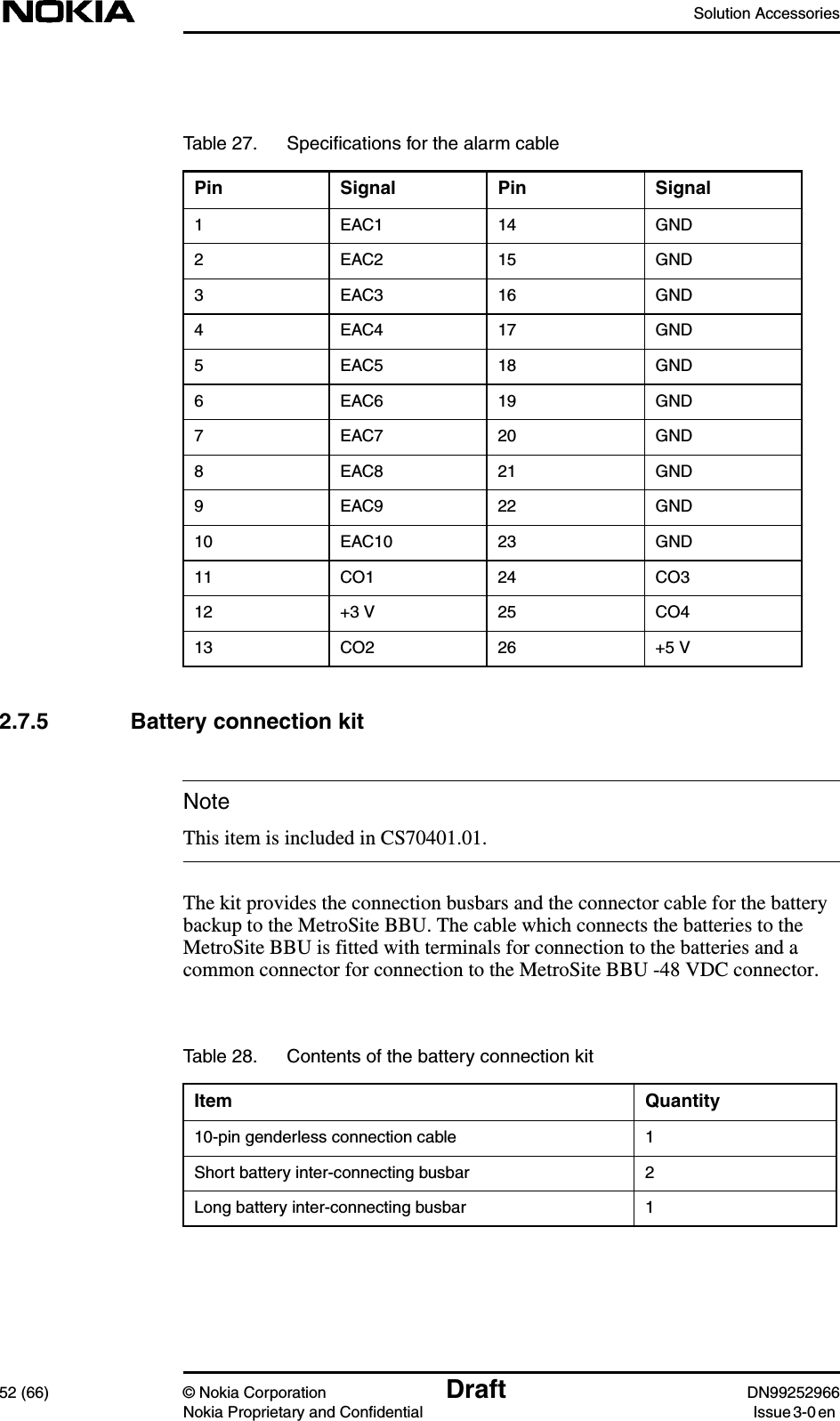 Solution Accessories52 (66) © Nokia Corporation Draft DN99252966Nokia Proprietary and Confidential Issue3-0enNote2.7.5 Battery connection kitThis item is included in CS70401.01.The kit provides the connection busbars and the connector cable for the batterybackup to the MetroSite BBU. The cable which connects the batteries to theMetroSite BBU is fitted with terminals for connection to the batteries and acommon connector for connection to the MetroSite BBU -48 VDC connector.Table 27. Speciﬁcations for the alarm cablePin Signal Pin Signal1 EAC1 14 GND2 EAC2 15 GND3 EAC3 16 GND4 EAC4 17 GND5 EAC5 18 GND6 EAC6 19 GND7 EAC7 20 GND8 EAC8 21 GND9 EAC9 22 GND10 EAC10 23 GND11 CO1 24 CO312 +3 V 25 CO413 CO2 26 +5 VTable 28. Contents of the battery connection kitItem Quantity10-pin genderless connection cable 1Short battery inter-connecting busbar 2Long battery inter-connecting busbar 1