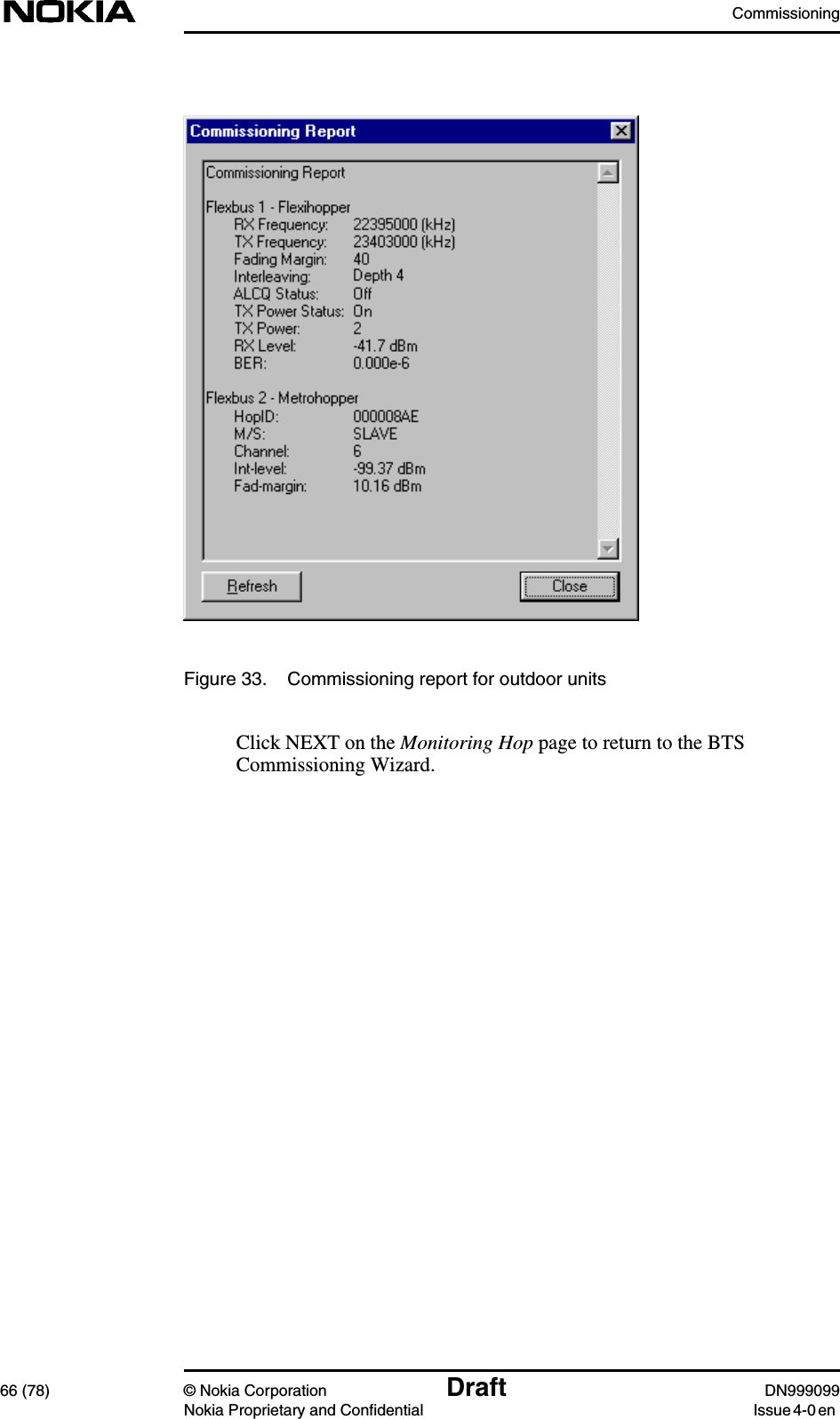 Commissioning66 (78) © Nokia Corporation Draft DN999099Nokia Proprietary and Confidential Issue 4-0 enFigure 33. Commissioning report for outdoor unitsClick NEXT on the Monitoring Hop page to return to the BTSCommissioning Wizard.