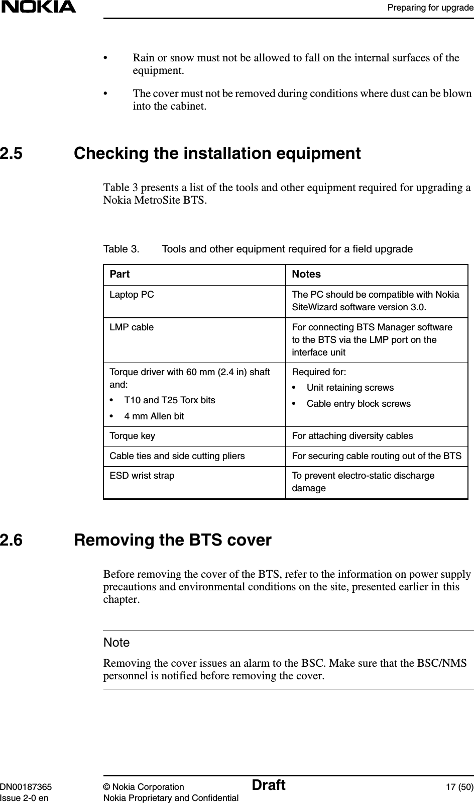 Preparing for upgradeDN00187365 © Nokia Corporation Draft 17 (50)Issue 2-0 en Nokia Proprietary and ConfidentialNote• Rain or snow must not be allowed to fall on the internal surfaces of theequipment.• The cover must not be removed during conditions where dust can be blowninto the cabinet.2.5 Checking the installation equipmentTable 3 presents a list of the tools and other equipment required for upgrading aNokia MetroSite BTS.2.6 Removing the BTS coverBefore removing the cover of the BTS, refer to the information on power supplyprecautions and environmental conditions on the site, presented earlier in thischapter.Removing the cover issues an alarm to the BSC. Make sure that the BSC/NMSpersonnel is notified before removing the cover.Table 3. Tools and other equipment required for a ﬁeld upgradePart NotesLaptop PC The PC should be compatible with NokiaSiteWizard software version 3.0.LMP cable For connecting BTS Manager softwareto the BTS via the LMP port on theinterface unitTorque driver with 60 mm (2.4 in) shaftand:• T10 and T25 Torx bits• 4 mm Allen bitRequired for:• Unit retaining screws• Cable entry block screwsTorque key For attaching diversity cablesCable ties and side cutting pliers For securing cable routing out of the BTSESD wrist strap To prevent electro-static dischargedamage