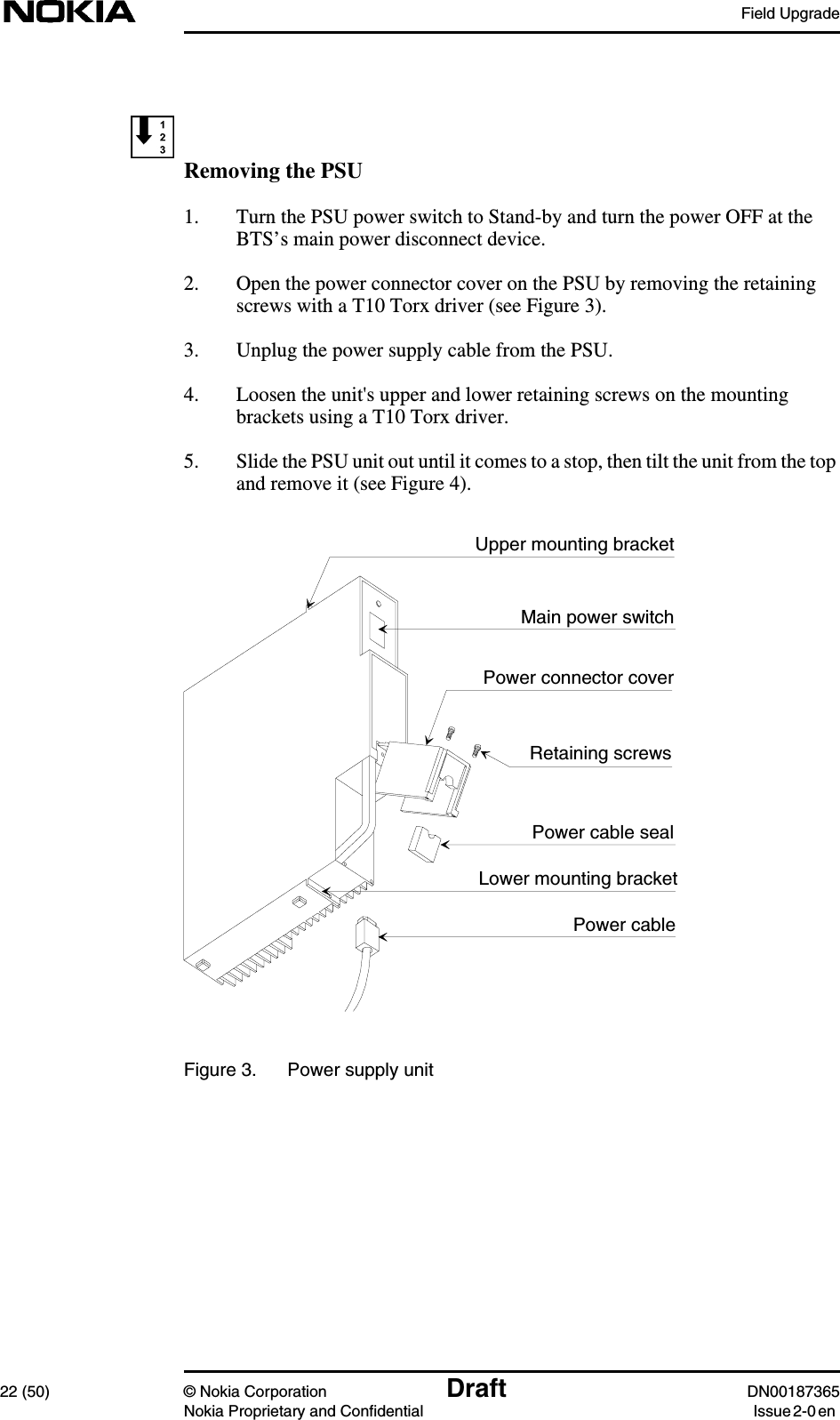 Field Upgrade22 (50) © Nokia Corporation Draft DN00187365Nokia Proprietary and Confidential Issue 2-0 enRemoving the PSU1. Turn the PSU power switch to Stand-by and turn the power OFF at theBTS’s main power disconnect device.2. Open the power connector cover on the PSU by removing the retainingscrews with a T10 Torx driver (see Figure 3).3. Unplug the power supply cable from the PSU.4. Loosen the unit&apos;s upper and lower retaining screws on the mountingbrackets using a T10 Torx driver.5. Slide the PSU unit out until it comes to a stop, then tilt the unit from the topand remove it (see Figure 4).Figure 3. Power supply unitUpper mounting bracketMain power switchPower connector coverPower cable sealPower cableLower mounting bracketRetaining screws