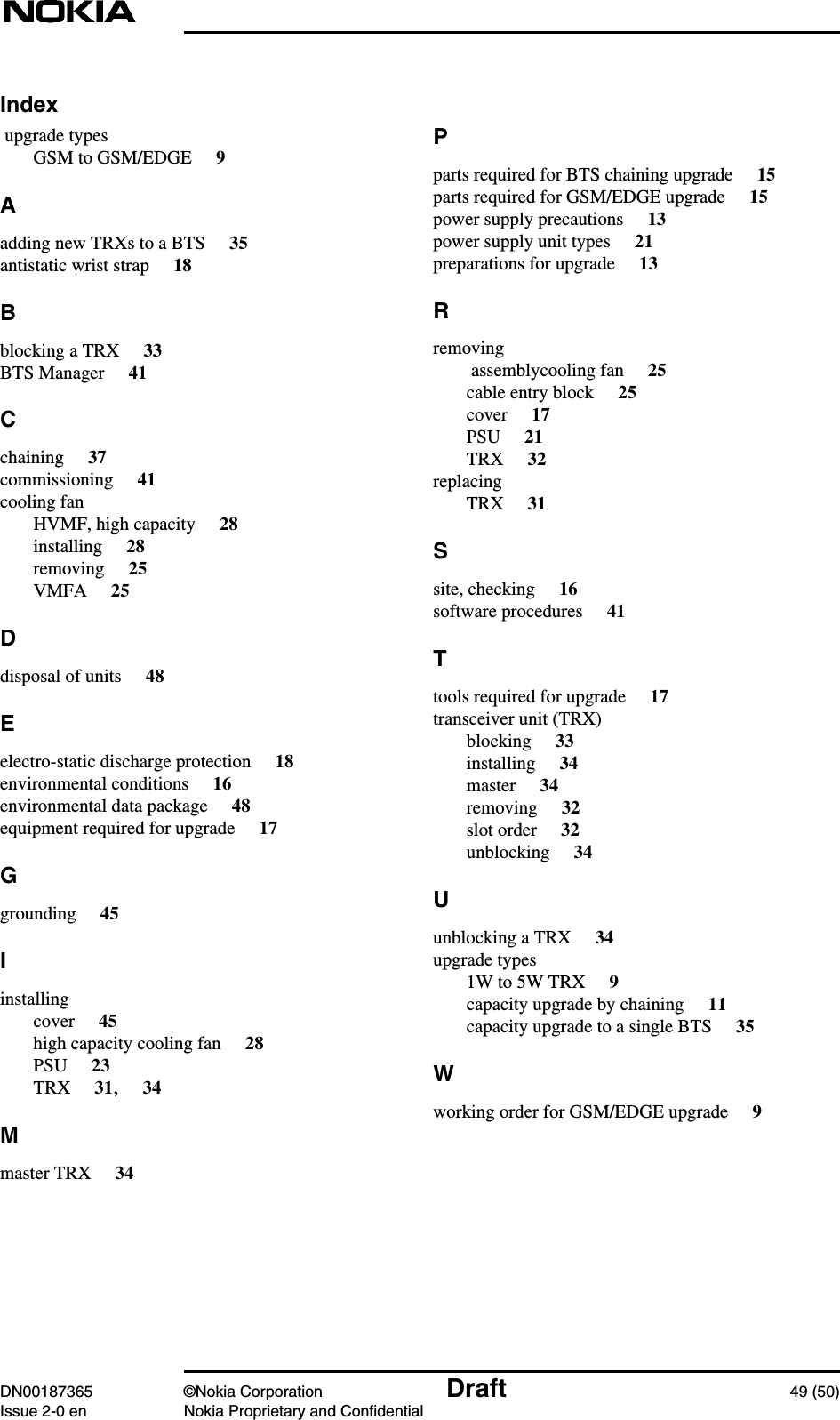 DN00187365 ©Nokia Corporation Draft 49 (50)Issue 2-0 en Nokia Proprietary and ConfidentialIndex upgrade typesGSM to GSM/EDGE 9Aadding new TRXs to a BTS 35antistatic wrist strap 18Bblocking a TRX 33BTS Manager 41Cchaining 37commissioning 41cooling fanHVMF, high capacity 28installing 28removing 25VMFA 25Ddisposal of units 48Eelectro-static discharge protection 18environmental conditions 16environmental data package 48equipment required for upgrade 17Ggrounding 45Iinstallingcover 45high capacity cooling fan 28PSU 23TRX 31,34Mmaster TRX 34Pparts required for BTS chaining upgrade 15parts required for GSM/EDGE upgrade 15power supply precautions 13power supply unit types 21preparations for upgrade 13Rremoving assemblycooling fan 25cable entry block 25cover 17PSU 21TRX 32replacingTRX 31Ssite, checking 16software procedures 41Ttools required for upgrade 17transceiver unit (TRX)blocking 33installing 34master 34removing 32slot order 32unblocking 34Uunblocking a TRX 34upgrade types1W to 5W TRX 9capacity upgrade by chaining 11capacity upgrade to a single BTS 35Wworking order for GSM/EDGE upgrade 9