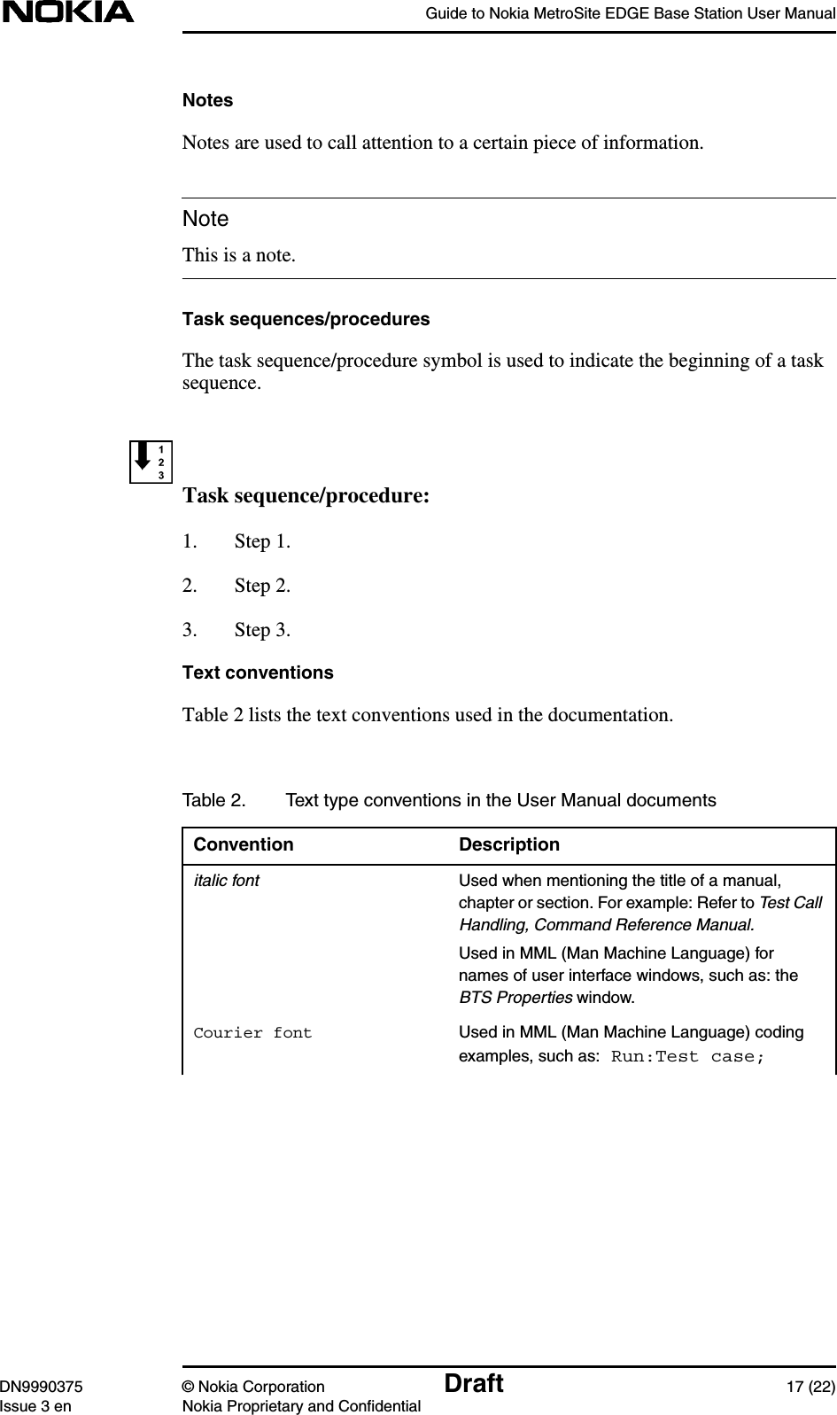 Guide to Nokia MetroSite EDGE Base Station User ManualDN9990375 © Nokia Corporation Draft 17 (22)Issue 3 en Nokia Proprietary and ConfidentialNoteNotesNotes are used to call attention to a certain piece of information.This is a note.Task sequences/proceduresThe task sequence/procedure symbol is used to indicate the beginning of a tasksequence.Task sequence/procedure:1. Step 1.2. Step 2.3. Step 3.Text conventionsTable 2 lists the text conventions used in the documentation.Table 2. Text type conventions in the User Manual documentsConvention Descriptionitalic font Used when mentioning the title of a manual,chapter or section. For example: Refer to Test CallHandling, Command Reference Manual.Used in MML (Man Machine Language) fornames of user interface windows, such as: theBTS Properties window.Courier font Used in MML (Man Machine Language) codingexamples, such as: Run:Test case;