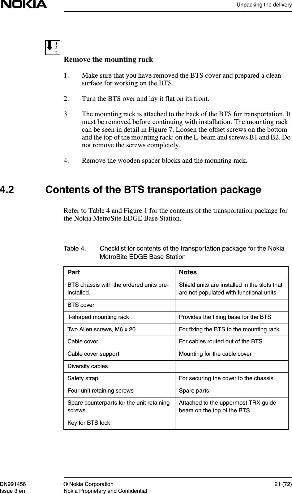 Unpacking the deliveryDN991456 © Nokia Corporation 21 (72)Issue 3 en Nokia Proprietary and ConfidentialRemove the mounting rack1. Make sure that you have removed the BTS cover and prepared a cleansurface for working on the BTS.2. Turn the BTS over and lay it flat on its front.3. The mounting rack is attached to the back of the BTS for transportation. Itmust be removed before continuing with installation. The mounting rackcan be seen in detail in Figure 7. Loosen the offset screws on the bottomand the top of the mounting rack: on the L-beam and screws B1 and B2. Donot remove the screws completely.4. Remove the wooden spacer blocks and the mounting rack.4.2 Contents of the BTS transportation packageRefer to Table 4 and Figure 1 for the contents of the transportation package forthe Nokia MetroSite EDGE Base Station.Table 4. Checklist for contents of the transportation package for the NokiaMetroSite EDGE Base StationPart NotesBTS chassis with the ordered units pre-installed.Shield units are installed in the slots thatare not populated with functional unitsBTS coverT-shaped mounting rack Provides the ﬁxing base for the BTSTwo Allen screws, M6 x 20 For ﬁxing the BTS to the mounting rackCable cover For cables routed out of the BTSCable cover support Mounting for the cable coverDiversity cablesSafety strap For securing the cover to the chassisFour unit retaining screws Spare partsSpare counterparts for the unit retainingscrewsAttached to the uppermost TRX guidebeam on the top of the BTSKey for BTS lock