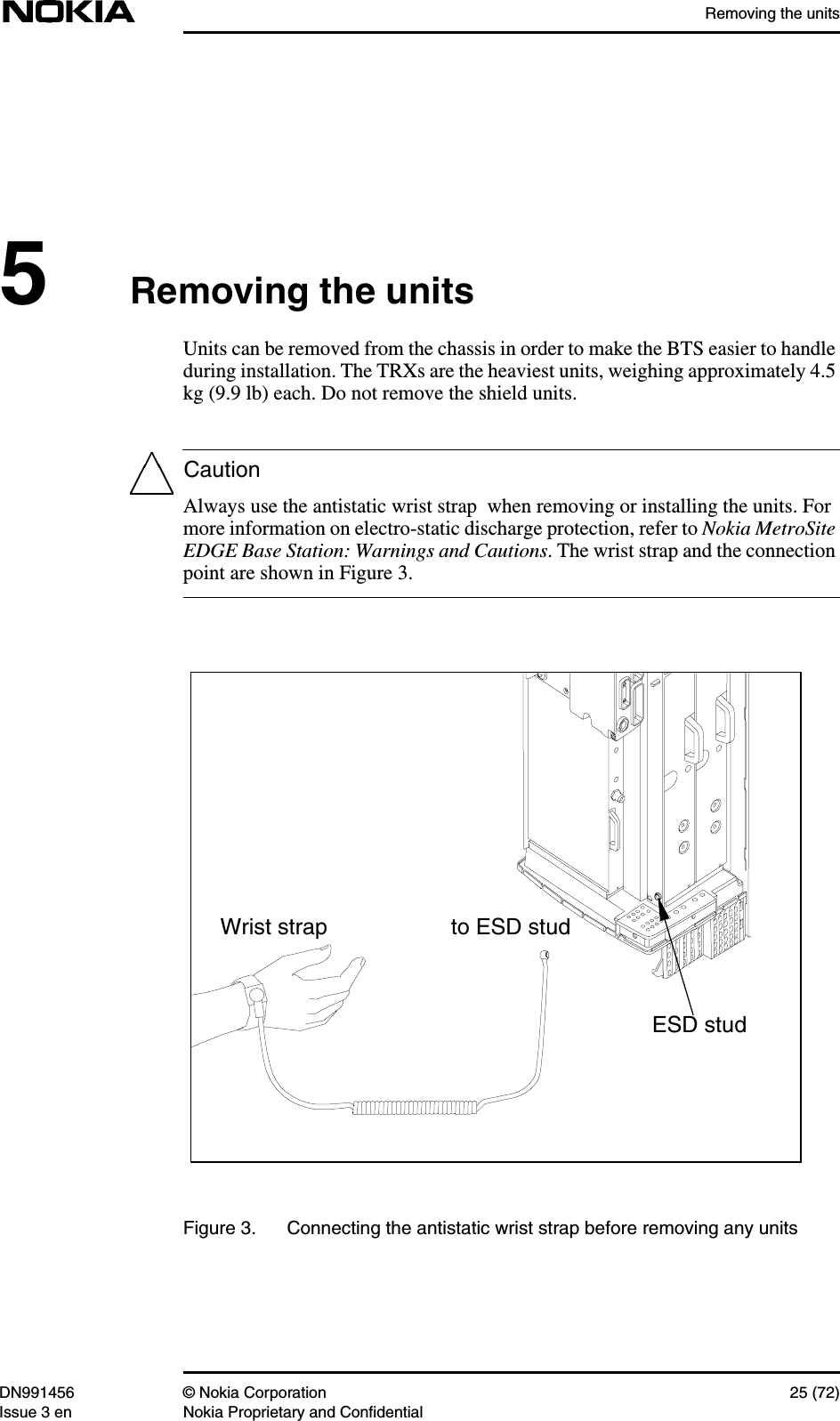 Removing the unitsDN991456 © Nokia Corporation 25 (72)Issue 3 en Nokia Proprietary and ConfidentialCaution5Removing the unitsUnits can be removed from the chassis in order to make the BTS easier to handleduring installation. The TRXs are the heaviest units, weighing approximately 4.5kg (9.9 lb) each. Do not remove the shield units.Always use the antistatic wrist strap  when removing or installing the units. Formore information on electro-static discharge protection, refer to Nokia MetroSiteEDGE Base Station: Warnings and Cautions. The wrist strap and the connectionpoint are shown in Figure 3.Figure 3. Connecting the antistatic wrist strap before removing any unitsESD studto ESD studWrist strap