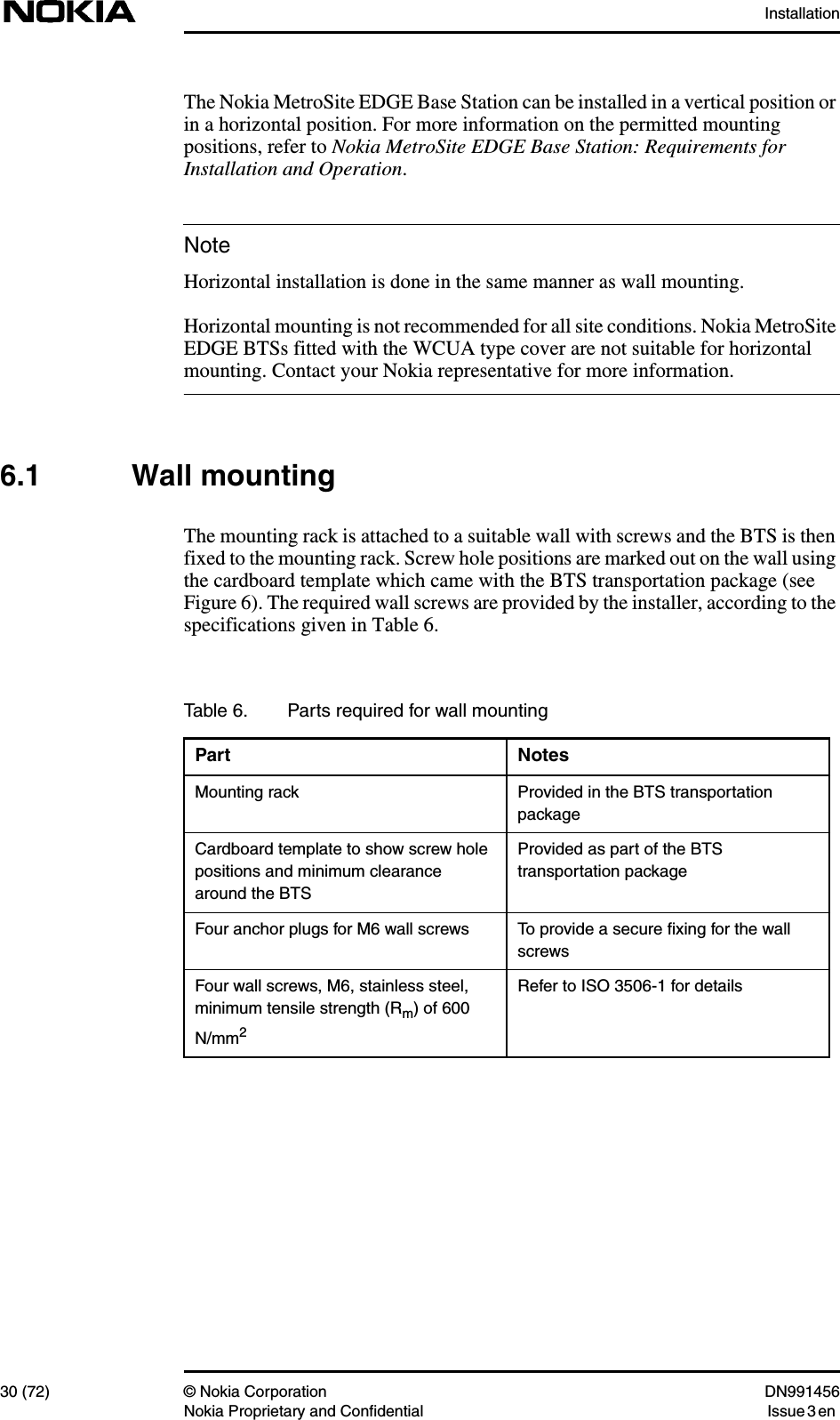 Installation30 (72) © Nokia Corporation DN991456Nokia Proprietary and Confidential Issue 3 enNoteThe Nokia MetroSite EDGE Base Station can be installed in a vertical position orin a horizontal position. For more information on the permitted mountingpositions, refer to Nokia MetroSite EDGE Base Station: Requirements forInstallation and Operation.Horizontal installation is done in the same manner as wall mounting.Horizontal mounting is not recommended for all site conditions. Nokia MetroSiteEDGE BTSs fitted with the WCUA type cover are not suitable for horizontalmounting. Contact your Nokia representative for more information.6.1 Wall mountingThe mounting rack is attached to a suitable wall with screws and the BTS is thenfixed to the mounting rack. Screw hole positions are marked out on the wall usingthe cardboard template which came with the BTS transportation package (seeFigure 6). The required wall screws are provided by the installer, according to thespecifications given in Table 6.Table 6. Parts required for wall mountingPart NotesMounting rack Provided in the BTS transportationpackageCardboard template to show screw holepositions and minimum clearancearound the BTSProvided as part of the BTStransportation packageFour anchor plugs for M6 wall screws To provide a secure ﬁxing for the wallscrewsFour wall screws, M6, stainless steel,minimum tensile strength (Rm) of 600N/mm2Refer to ISO 3506-1 for details