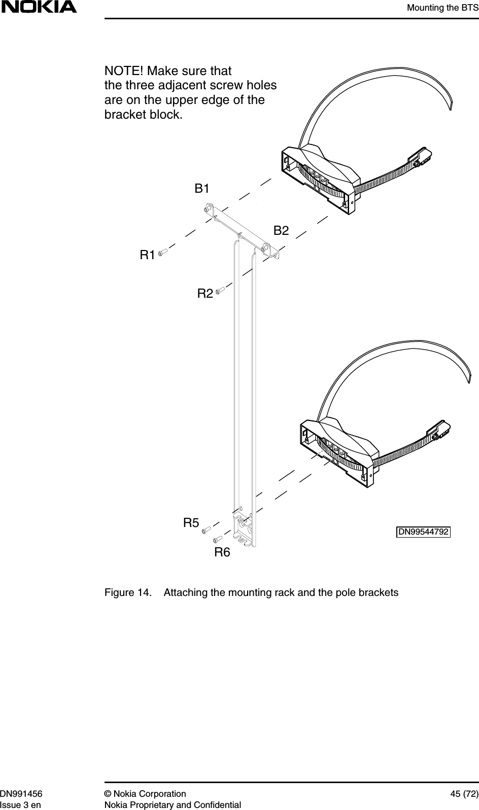 Mounting the BTSDN991456 © Nokia Corporation 45 (72)Issue 3 en Nokia Proprietary and ConfidentialFigure 14. Attaching the mounting rack and the pole bracketsB1B2R2R1R6R5NOTE! Make sure thatthe three adjacent screw holesare on the upper edge of thebracket block.DN99544792