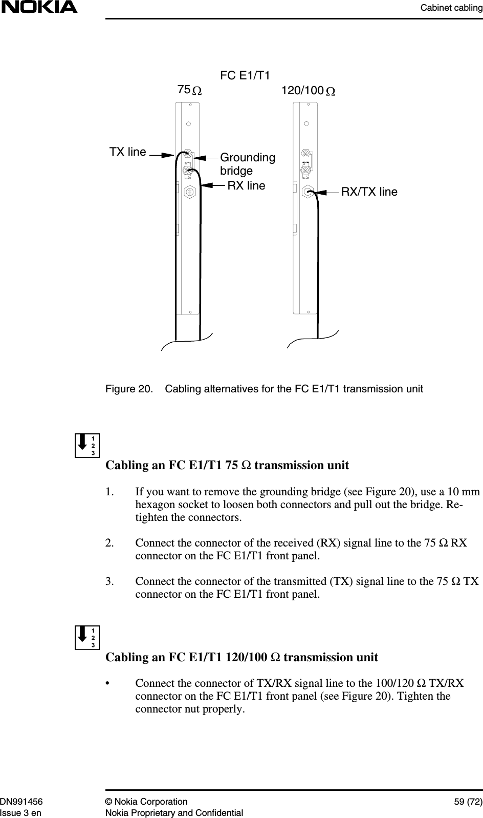 Cabinet cablingDN991456 © Nokia Corporation 59 (72)Issue 3 en Nokia Proprietary and ConfidentialFigure 20. Cabling alternatives for the FC E1/T1 transmission unitCabling an FC E1/T1 75 Ω transmission unit1. If you want to remove the grounding bridge (see Figure 20), use a 10 mmhexagon socket to loosen both connectors and pull out the bridge. Re-tighten the connectors.2. Connect the connector of the received (RX) signal line to the 75 Ω RXconnector on the FC E1/T1 front panel.3. Connect the connector of the transmitted (TX) signal line to the 75 Ω TXconnector on the FC E1/T1 front panel.Cabling an FC E1/T1 120/100 Ω transmission unit• Connect the connector of TX/RX signal line to the 100/120 Ω TX/RXconnector on the FC E1/T1 front panel (see Figure 20). Tighten theconnector nut properly.RX lineTX lineRX/TX lineFC E1/T1120/10075Groundingbridge