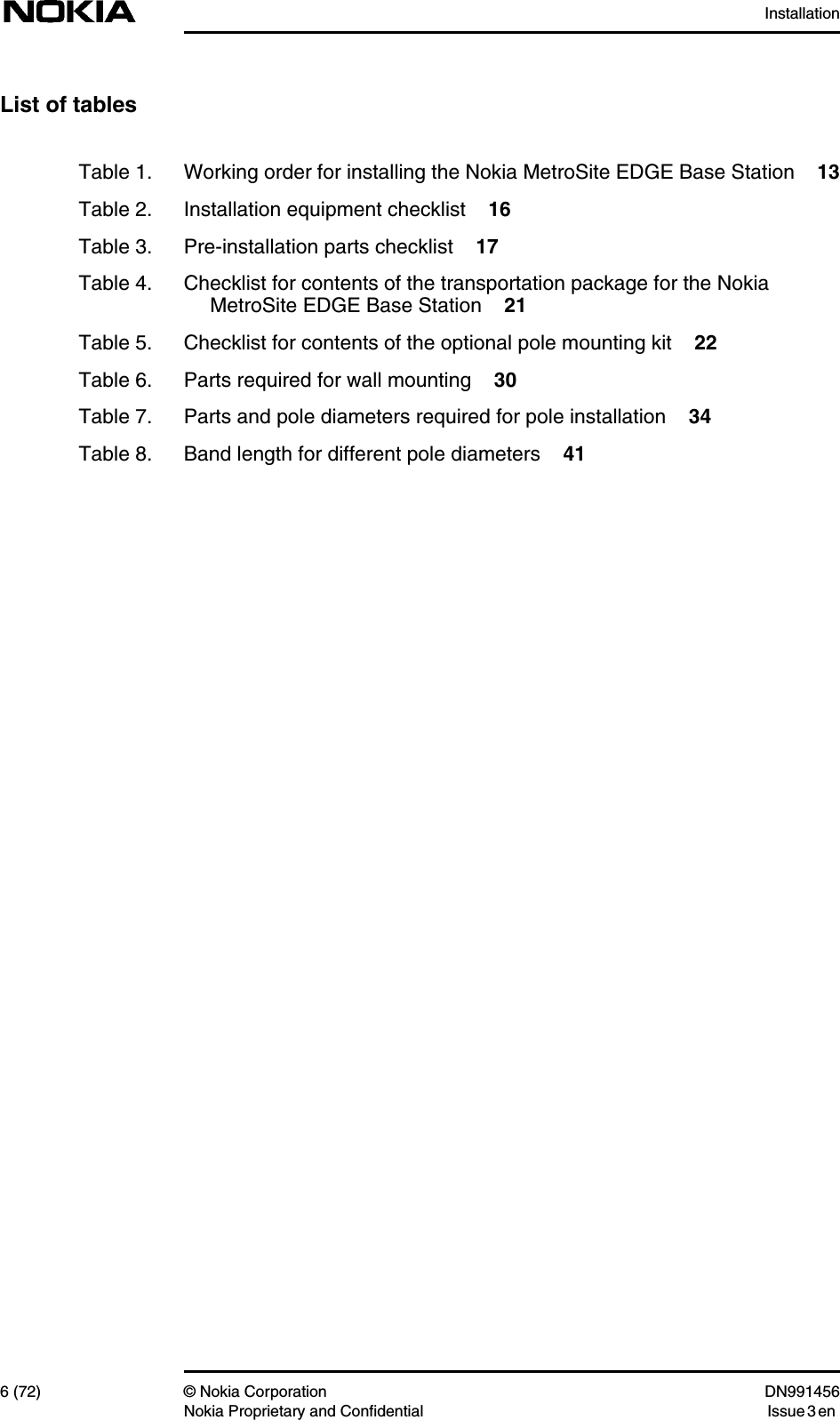 Installation6 (72) © Nokia Corporation DN991456Nokia Proprietary and Confidential Issue 3 enList of tablesTable 1. Working order for installing the Nokia MetroSite EDGE Base Station 13Table 2. Installation equipment checklist 16Table 3. Pre-installation parts checklist 17Table 4. Checklist for contents of the transportation package for the NokiaMetroSite EDGE Base Station 21Table 5. Checklist for contents of the optional pole mounting kit 22Table 6. Parts required for wall mounting 30Table 7. Parts and pole diameters required for pole installation 34Table 8. Band length for different pole diameters 41