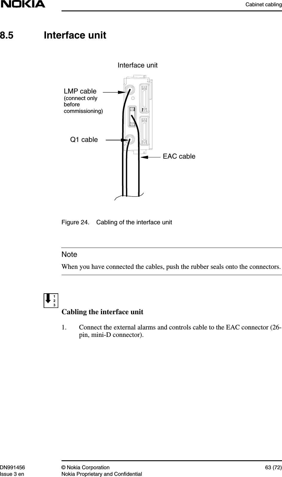 Cabinet cablingDN991456 © Nokia Corporation 63 (72)Issue 3 en Nokia Proprietary and ConfidentialNote8.5 Interface unitFigure 24. Cabling of the interface unitWhen you have connected the cables, push the rubber seals onto the connectors.Cabling the interface unit1. Connect the external alarms and controls cable to the EAC connector (26-pin, mini-D connector).EAC cableLMP cable(connect onlybeforecommissioning)Q1 cableInterface unit