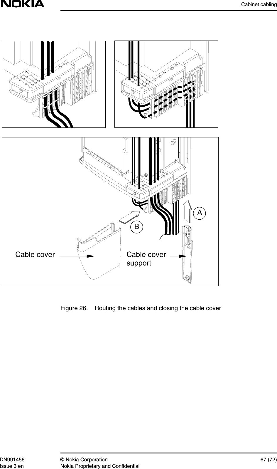 Cabinet cablingDN991456 © Nokia Corporation 67 (72)Issue 3 en Nokia Proprietary and ConfidentialFigure 26. Routing the cables and closing the cable coverABCable cover Cable coversupport