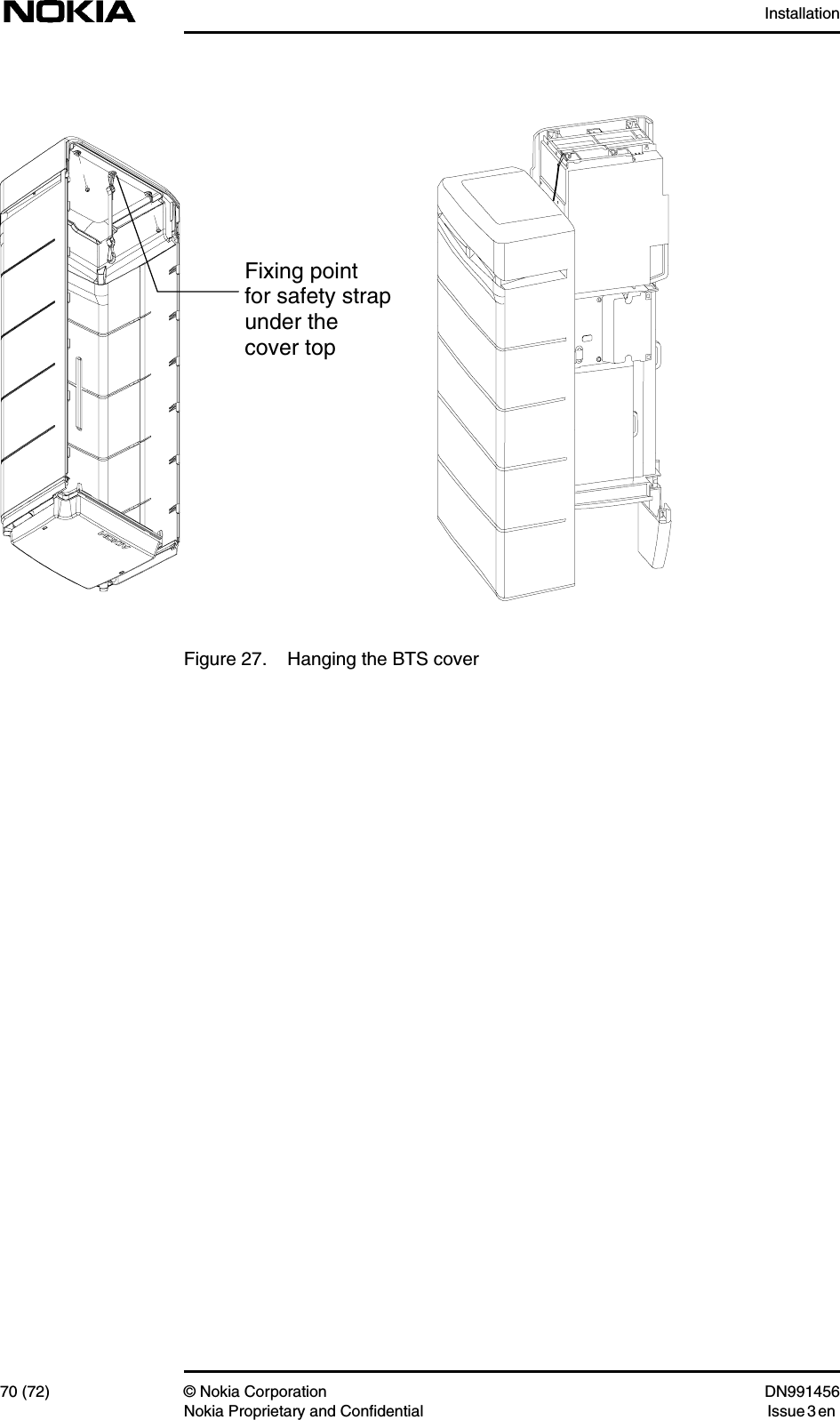 Installation70 (72) © Nokia Corporation DN991456Nokia Proprietary and Confidential Issue 3 enFigure 27. Hanging the BTS coverFixing pointfor safety strapunder thecover top