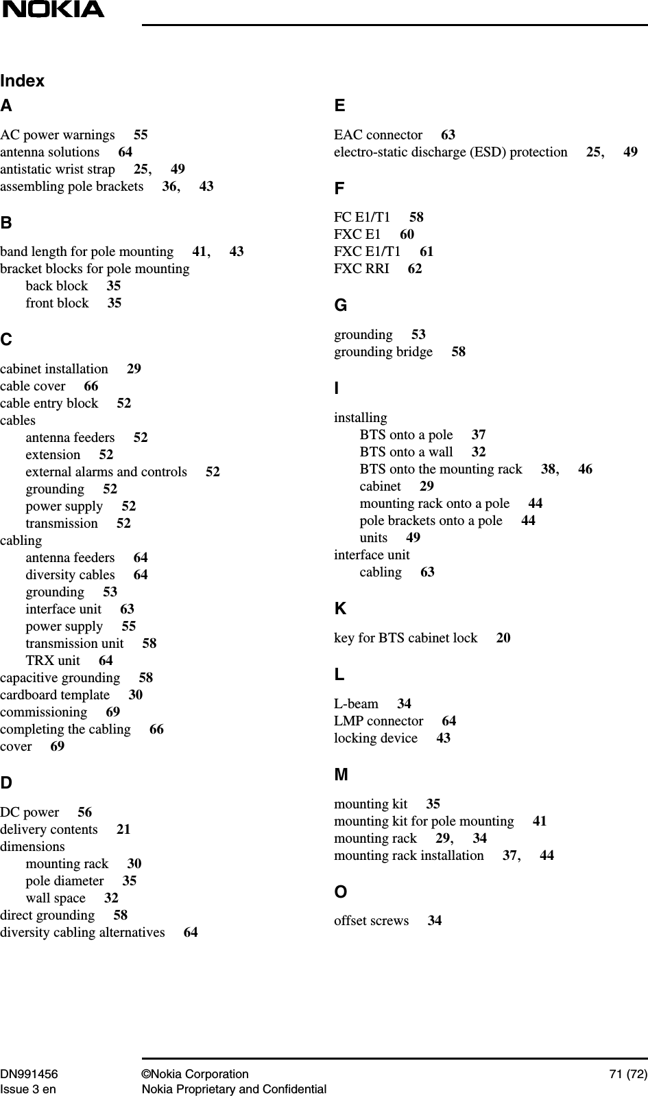 DN991456 ©Nokia Corporation 71 (72)Issue 3 en Nokia Proprietary and ConfidentialIndexAAC power warnings 55antenna solutions 64antistatic wrist strap 25,49assembling pole brackets 36,43Bband length for pole mounting 41,43bracket blocks for pole mountingback block 35front block 35Ccabinet installation 29cable cover 66cable entry block 52cablesantenna feeders 52extension 52external alarms and controls 52grounding 52power supply 52transmission 52cablingantenna feeders 64diversity cables 64grounding 53interface unit 63power supply 55transmission unit 58TRX unit 64capacitive grounding 58cardboard template 30commissioning 69completing the cabling 66cover 69DDC power 56delivery contents 21dimensionsmounting rack 30pole diameter 35wall space 32direct grounding 58diversity cabling alternatives 64EEAC connector 63electro-static discharge (ESD) protection 25,49FFC E1/T1 58FXC E1 60FXC E1/T1 61FXC RRI 62Ggrounding 53grounding bridge 58IinstallingBTS onto a pole 37BTS onto a wall 32BTS onto the mounting rack 38,46cabinet 29mounting rack onto a pole 44pole brackets onto a pole 44units 49interface unitcabling 63Kkey for BTS cabinet lock 20LL-beam 34LMP connector 64locking device 43Mmounting kit 35mounting kit for pole mounting 41mounting rack 29,34mounting rack installation 37,44Ooffset screws 34