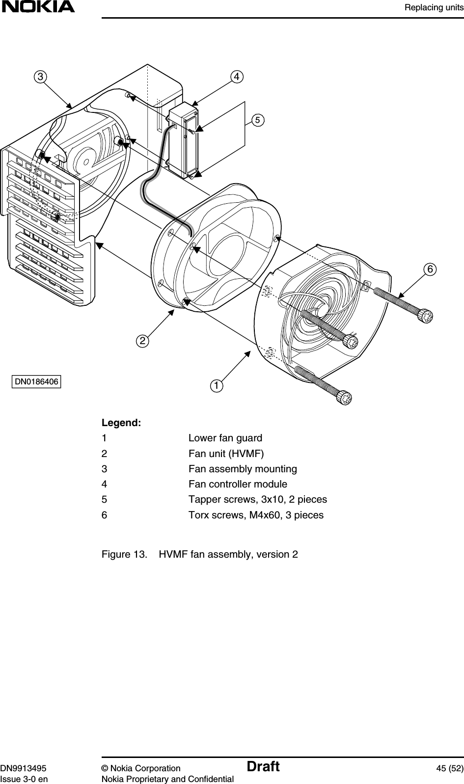 Replacing unitsDN9913495 © Nokia Corporation Draft 45 (52)Issue 3-0 en Nokia Proprietary and ConfidentialLegend:1 Lower fan guard2 Fan unit (HVMF)3 Fan assembly mounting4 Fan controller module5 Tapper screws, 3x10, 2 pieces6 Torx screws, M4x60, 3 piecesFigure 13. HVMF fan assembly, version 212346DN01864065