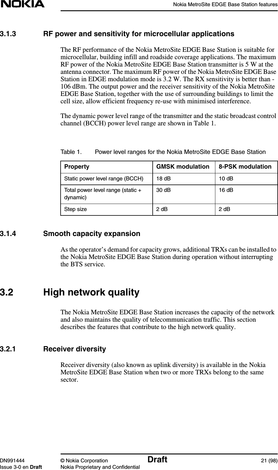 Nokia MetroSite EDGE Base Station featuresDN991444 © Nokia Corporation Draft 21 (98)Issue 3-0 en Draft Nokia Proprietary and Confidential3.1.3 RF power and sensitivity for microcellular applicationsThe RF performance of the Nokia MetroSite EDGE Base Station is suitable formicrocellular, building infill and roadside coverage applications. The maximumRF power of the Nokia MetroSite EDGE Base Station transmitter is 5 W at theantenna connector. The maximum RF power of the Nokia MetroSite EDGE BaseStation in EDGE modulation mode is 3.2 W. The RX sensitivity is better than -106 dBm. The output power and the receiver sensitivity of the Nokia MetroSiteEDGE Base Station, together with the use of surrounding buildings to limit thecell size, allow efficient frequency re-use with minimised interference.The dynamic power level range of the transmitter and the static broadcast controlchannel (BCCH) power level range are shown in Table 1.3.1.4 Smooth capacity expansionAs the operator’s demand for capacity grows, additional TRXs can be installed tothe Nokia MetroSite EDGE Base Station during operation without interruptingthe BTS service.3.2 High network qualityThe Nokia MetroSite EDGE Base Station increases the capacity of the networkand also maintains the quality of telecommunication traffic. This sectiondescribes the features that contribute to the high network quality.3.2.1 Receiver diversityReceiver diversity (also known as uplink diversity) is available in the NokiaMetroSite EDGE Base Station when two or more TRXs belong to the samesector.Table 1. Power level ranges for the Nokia MetroSite EDGE Base StationProperty GMSK modulation 8-PSK modulationStatic power level range (BCCH) 18 dB 10 dBTotal power level range (static +dynamic)30 dB 16 dBStep size 2 dB 2 dB